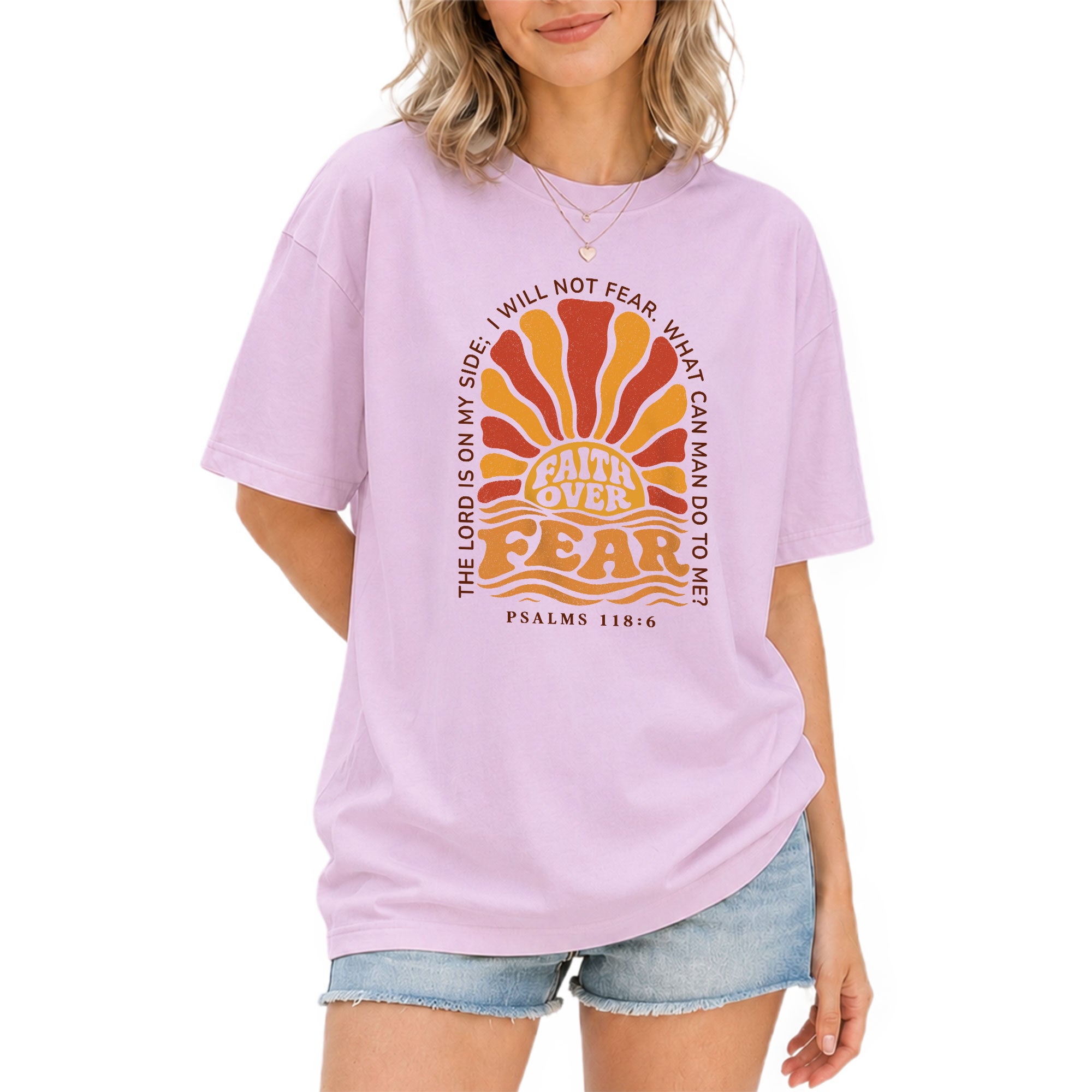 Faith Over Fear Christian Shirt Retro Sunburst Bible Verse Women T-Shirt Tee Gift - Rust Field Wear