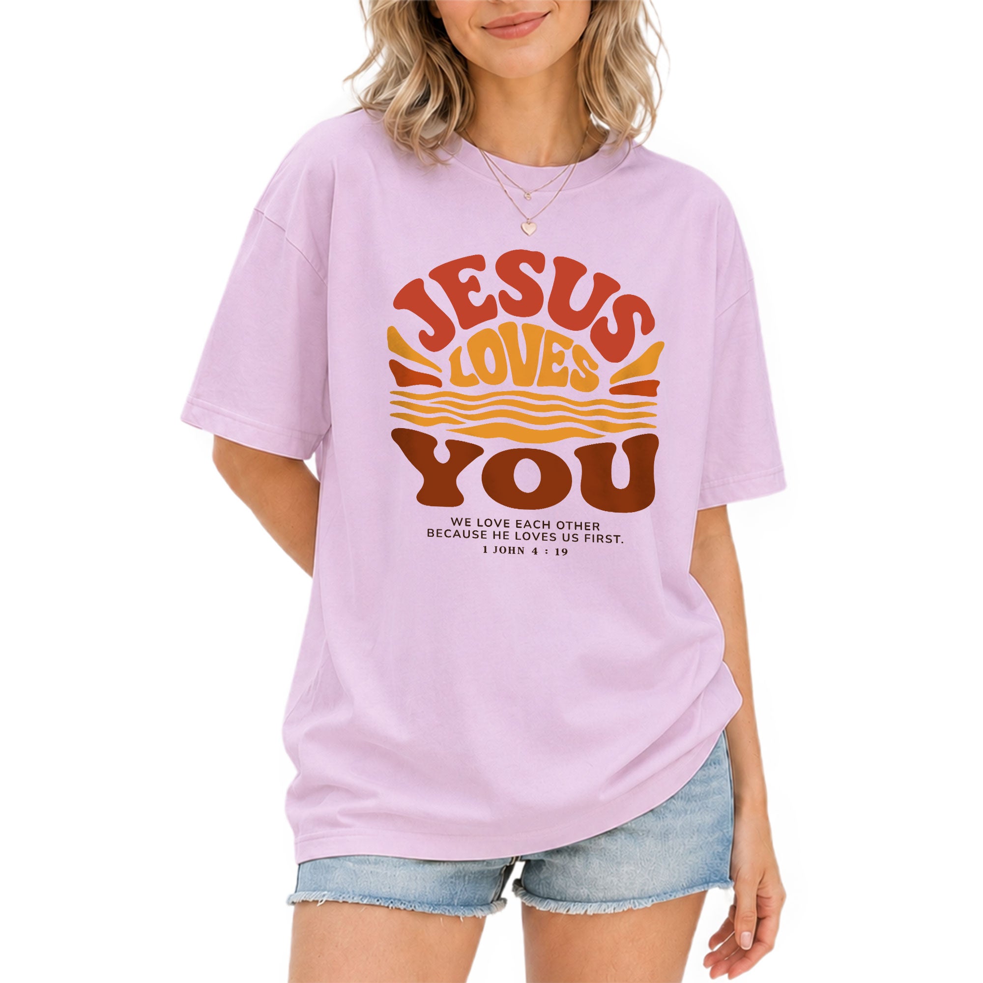 Jesus Loves You Shirt Sunset Wavy 70s Christian Bible Verse 1 John 4 19 Graphic Tee - Rust Field Wear