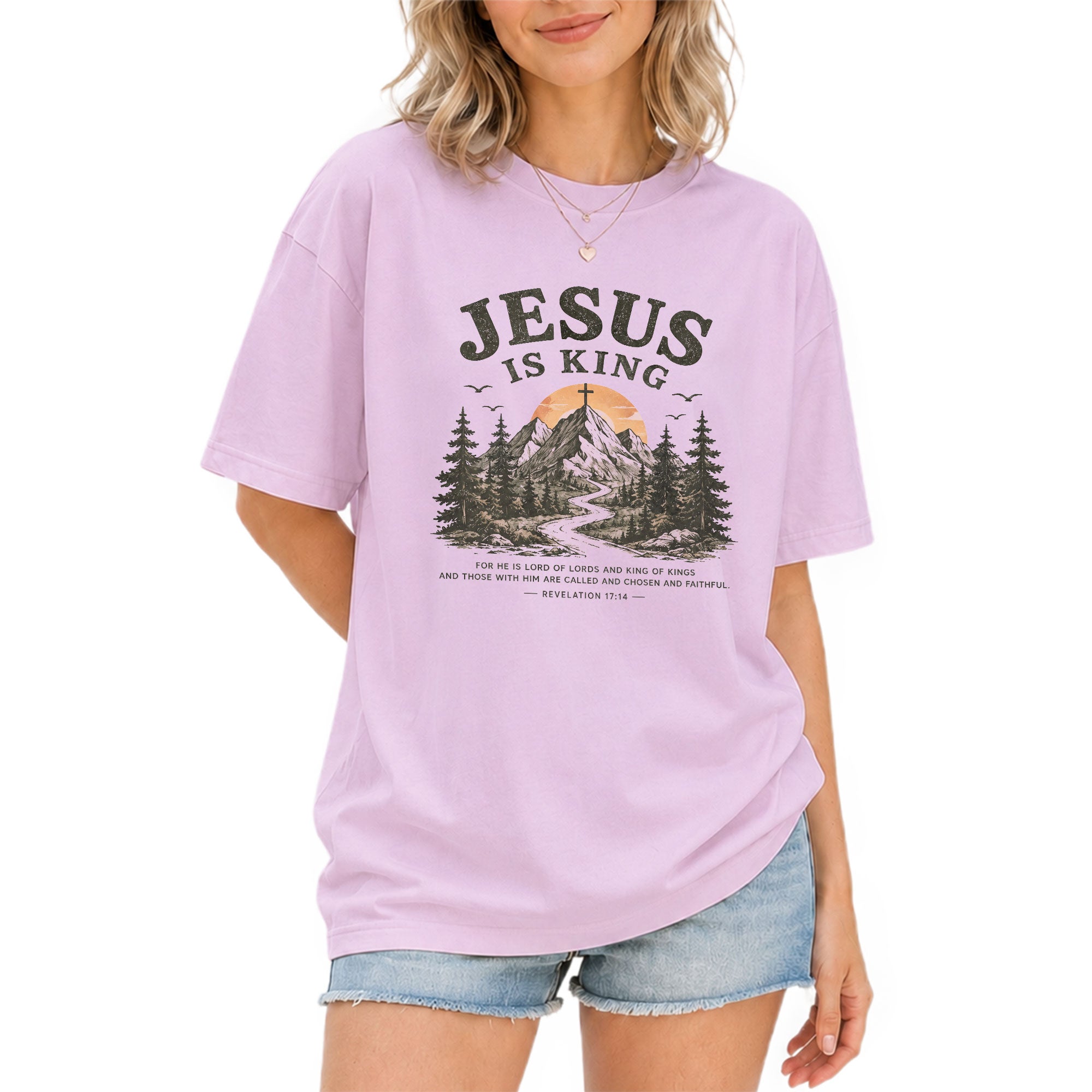 Jesus Is King Mountain Cross Trees Revelation 17 14 Graphic Christian T Shirt Women - Rust Field Wear