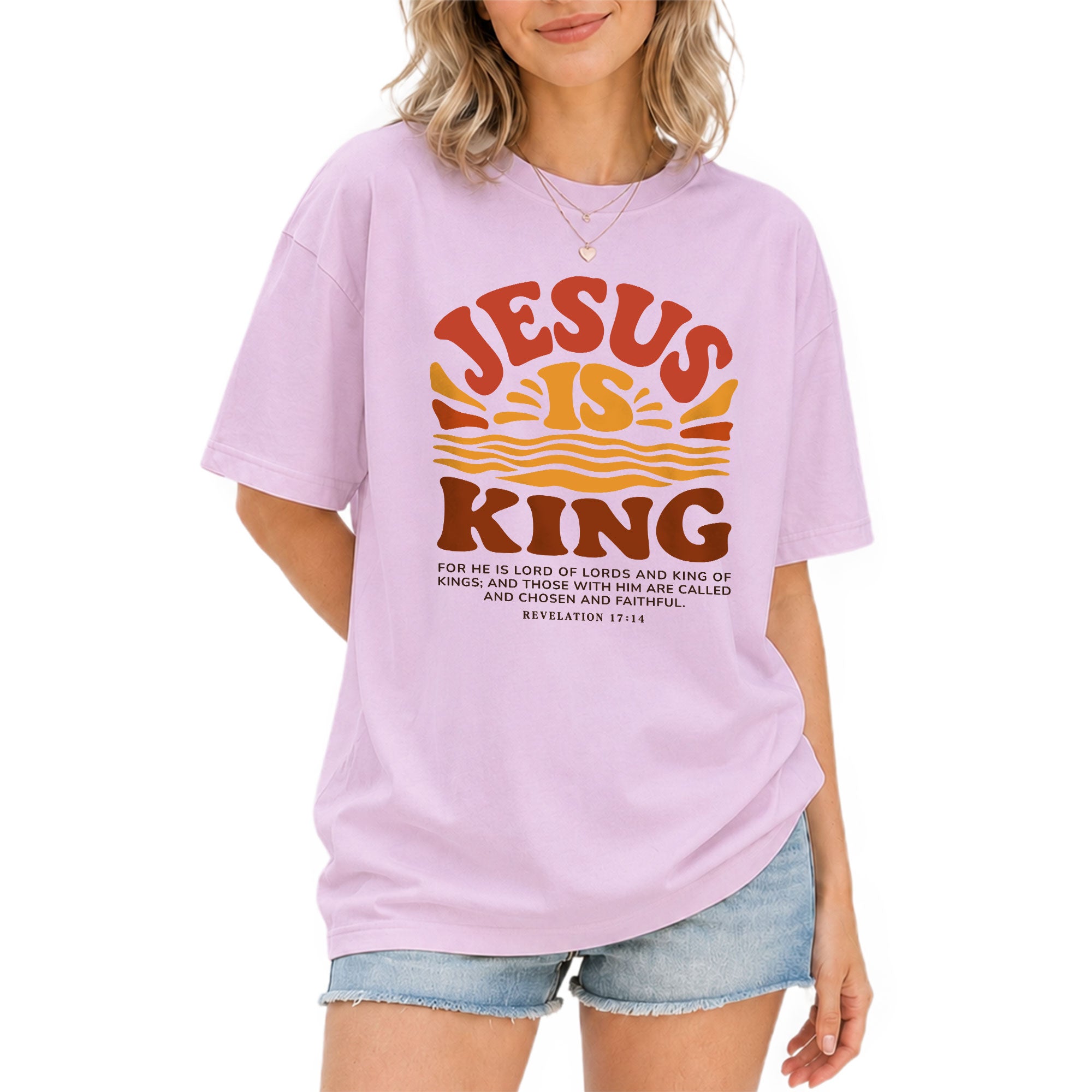 Jesus Is King Retro Sunset Waves Revelation 17 14 Graphic Christian T Shirt Women - Rust Field Wear