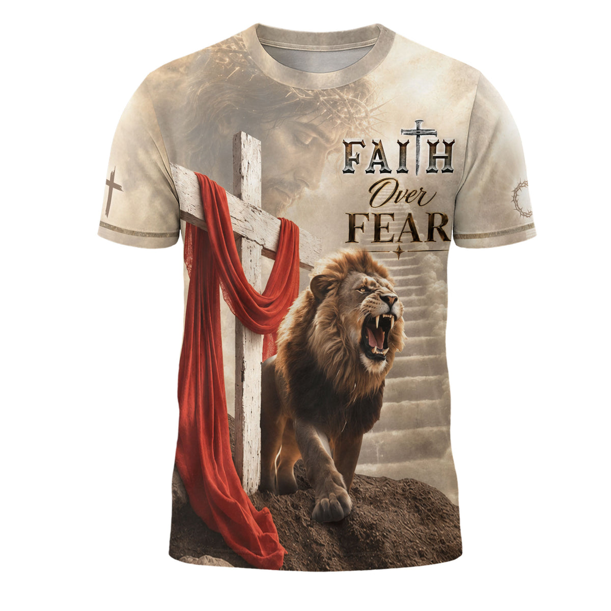 Freedom Shirts for Men, Faith Over Fear Jesus and Lion with Drape - Christian Tee Shirts, RustField Co - Rust Field Wear