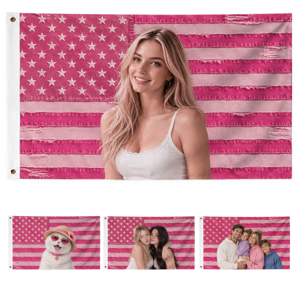 Custom Pink Distressed USA Flag Portrait Photo Collage Banner Wall Art Tapestry Piece
