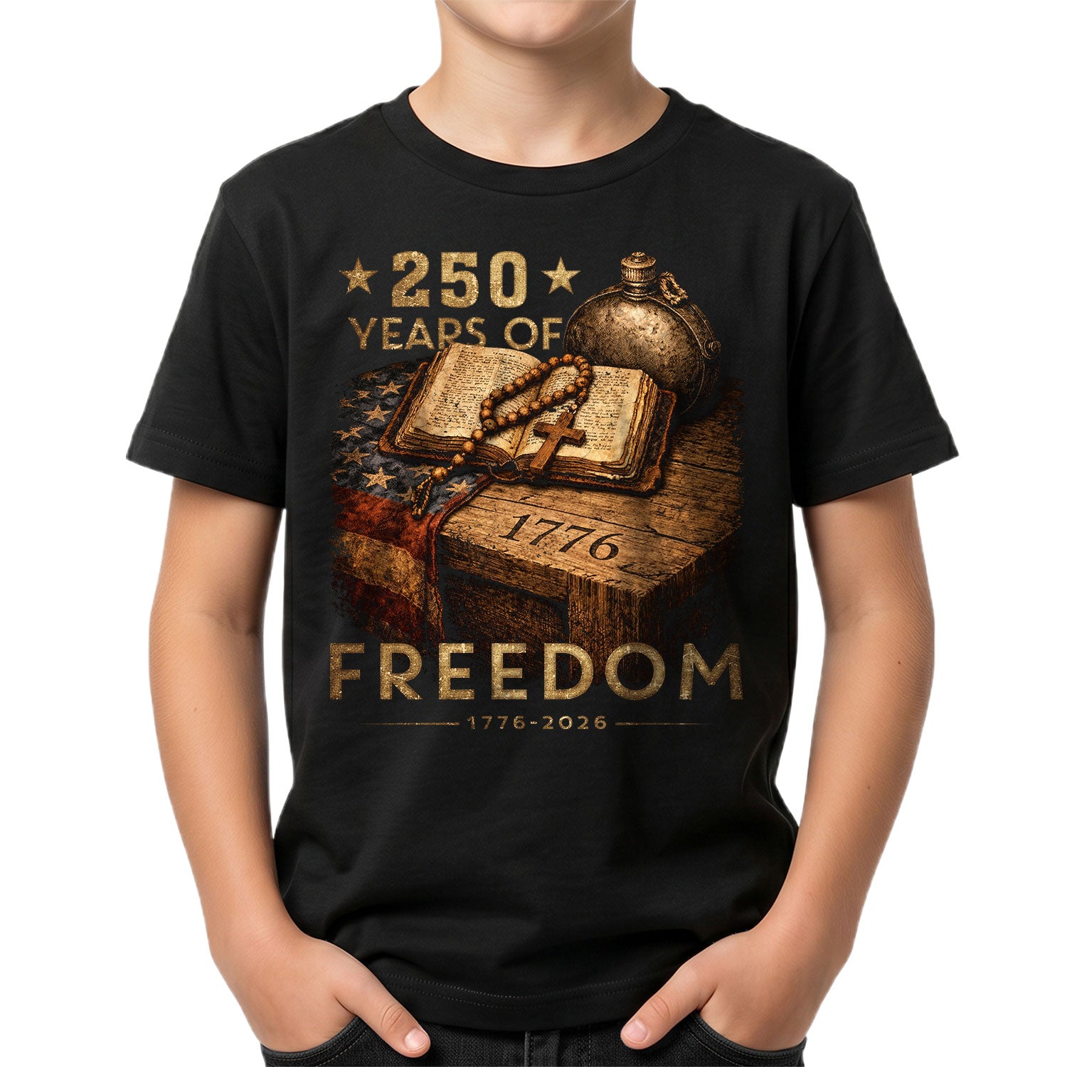 250 Years of Freedom Kids Tee 1776–2026 Faith and Patriotism Graphic Shirt