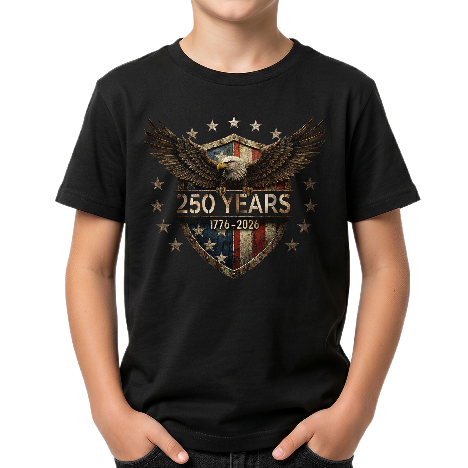 250 Years Kids T-Shirt 1776–2026 Patriotic Eagle Shield American Youth Tee