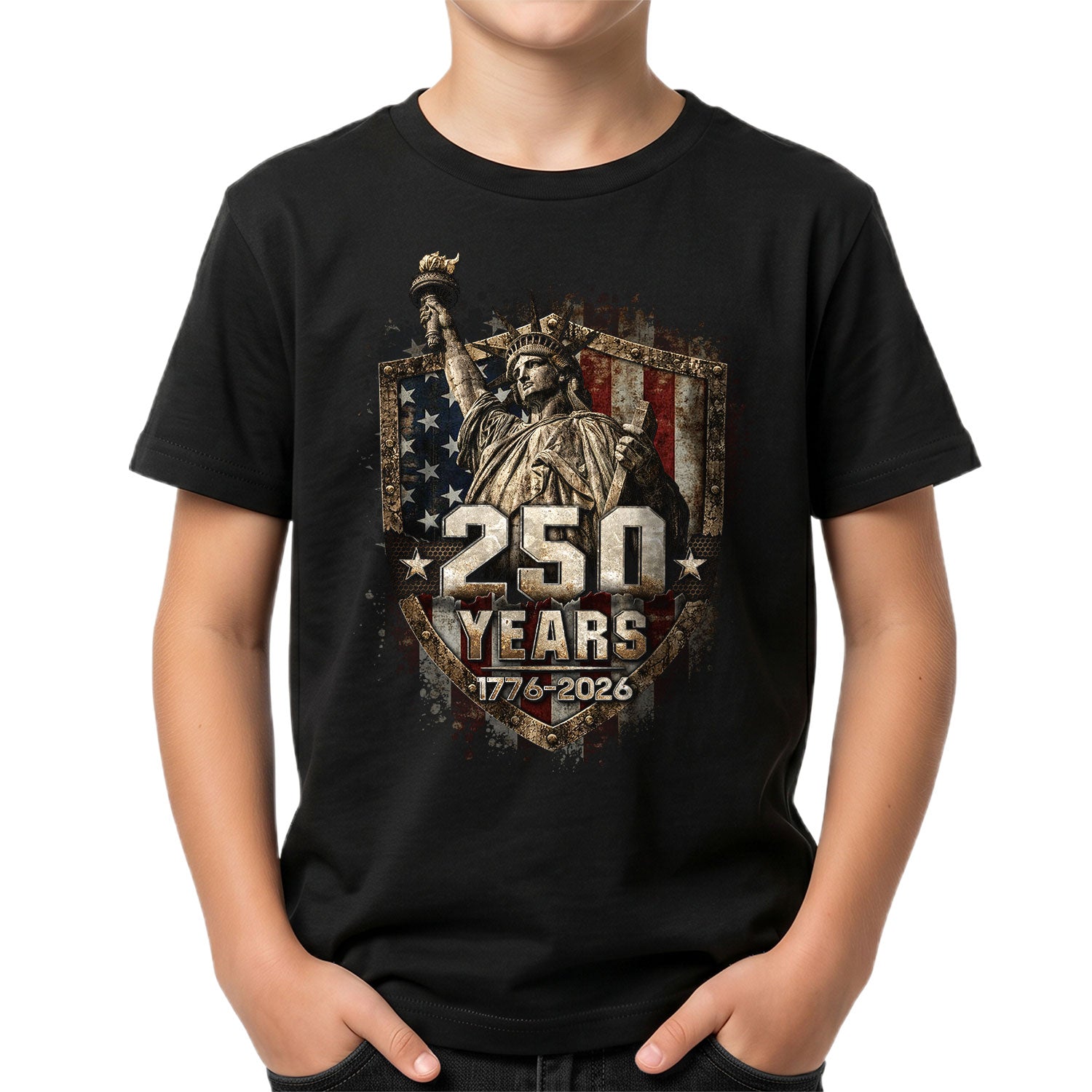 250 Years Kids T-Shirt Statue of Liberty Patriotic American Flag 1776-2026 Youth Tee