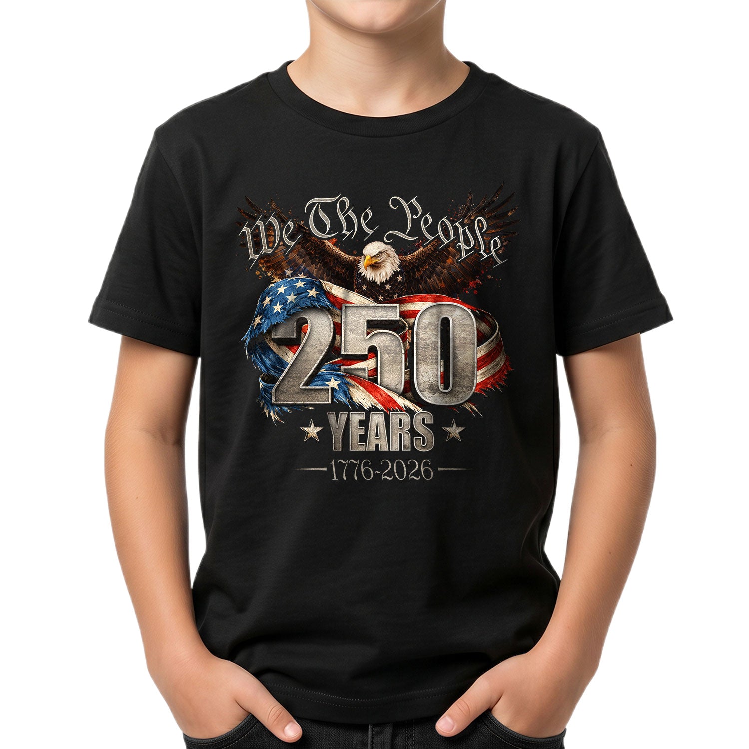 250 Years Kids T-Shirt We The People Patriotic Eagle American Flag 1776-2026 Youth Tee