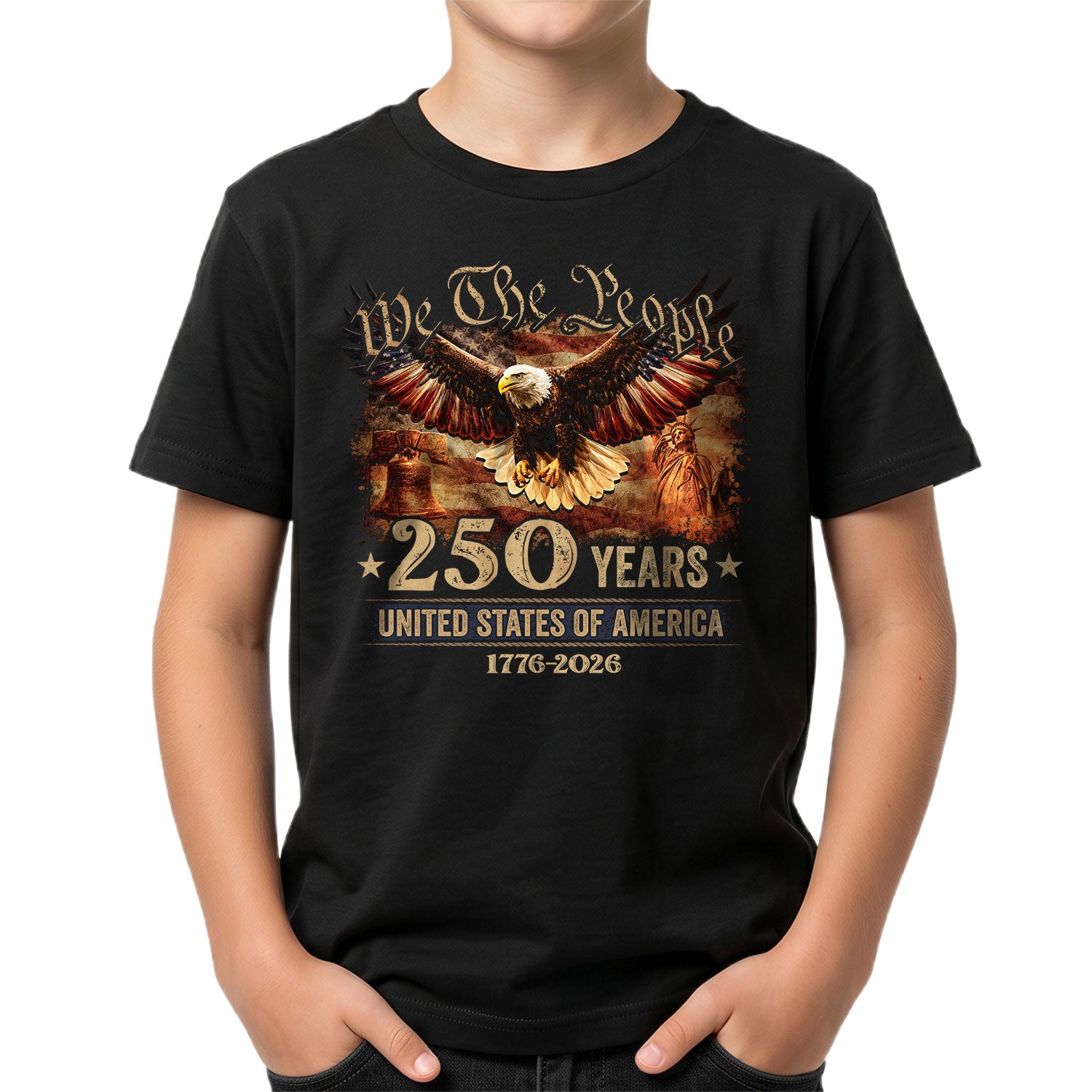 250 Years Kids T-Shirt We The People Patriotic Eagle Statue of Liberty 1776-2026 Youth