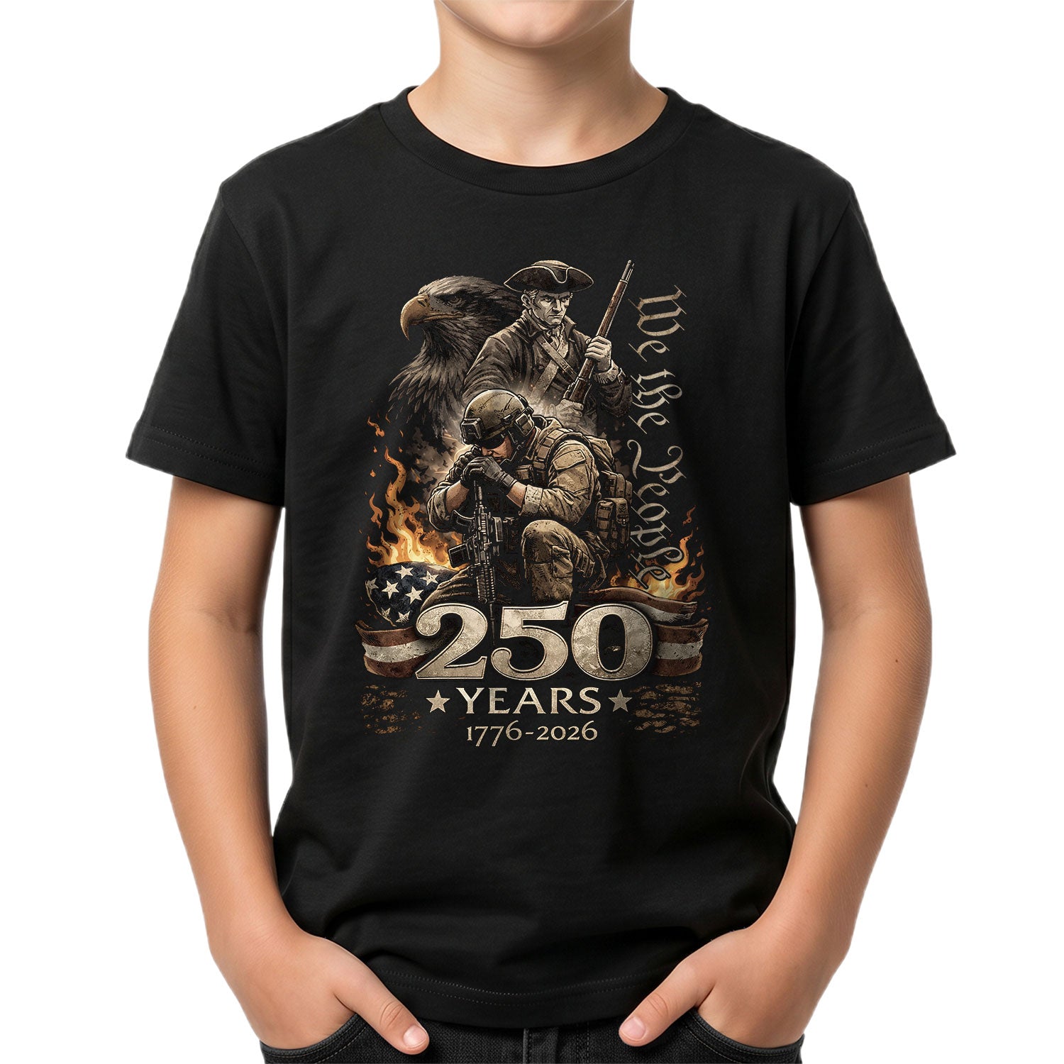We The People 250 Years Kids T-Shirt Patriotic Military Soldier 1776-2026 Youth Tee