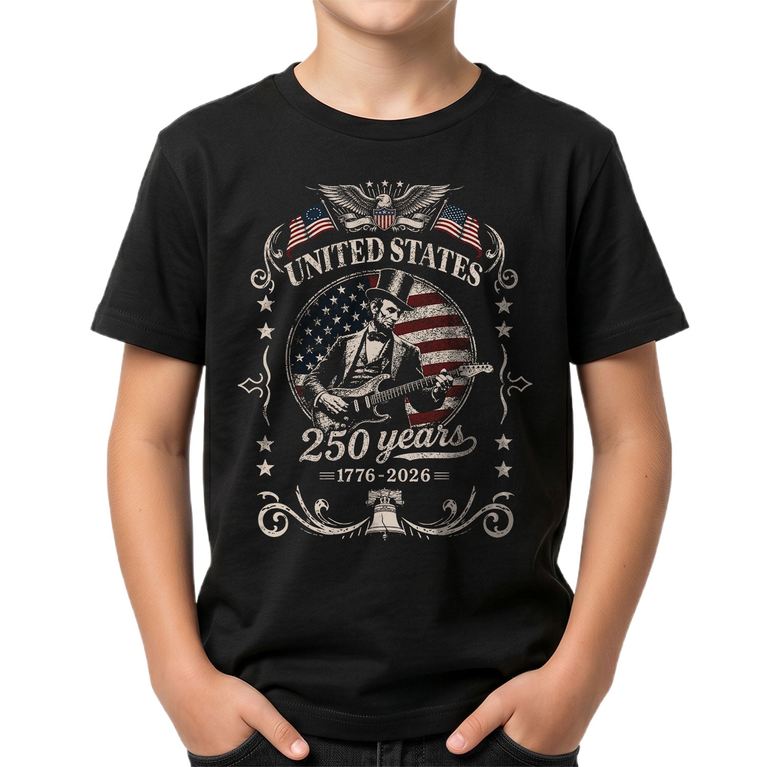 T-Shirt Kid America 250 Years 1776-2026 Patriotic Abraham Lincoln Guitar Kids Tee