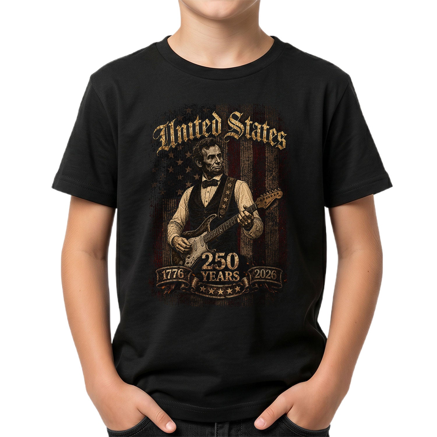 T-Shirt Kid Abraham Lincoln Guitar 1776-2026 Patriotic America 250 Years Youth Top