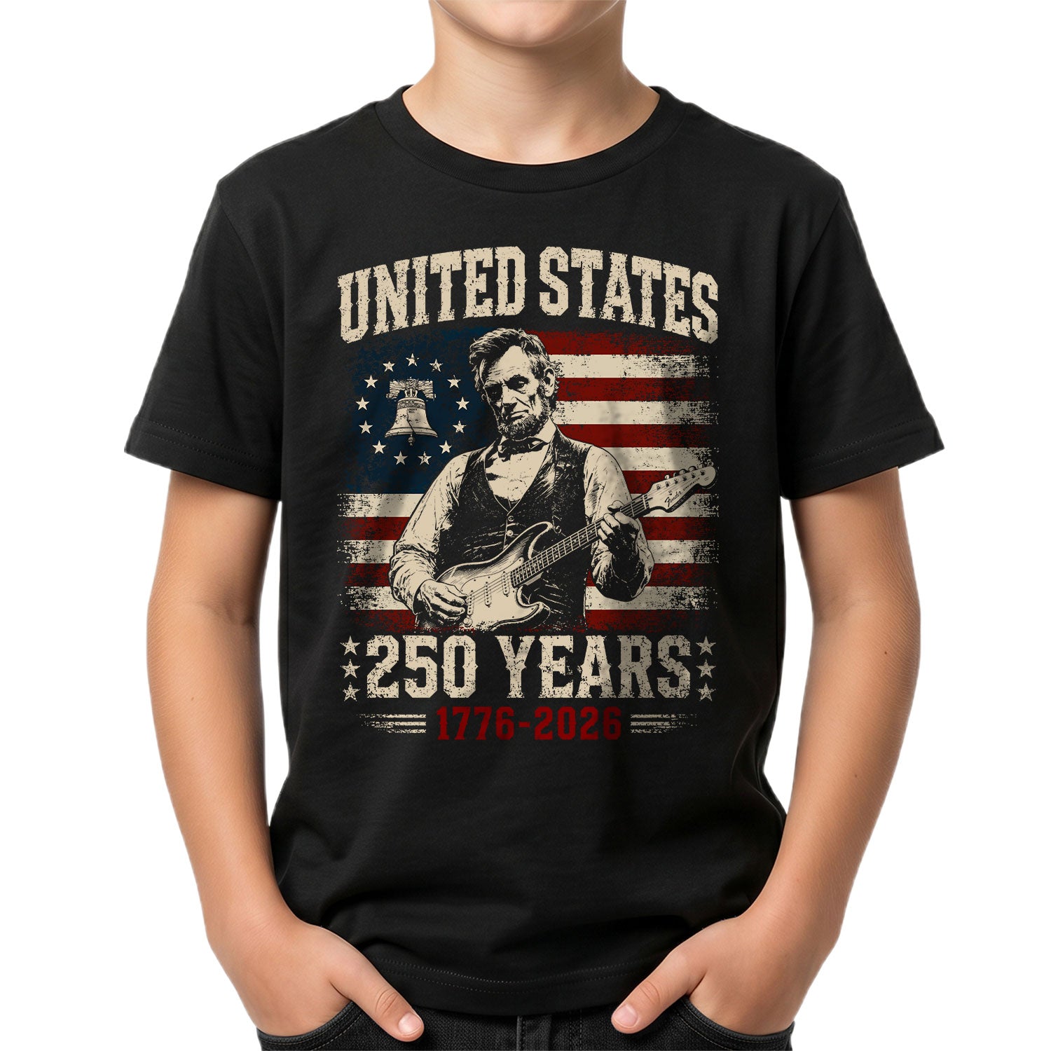 T-Shirt Kid Patriotic 1776-2026 America 250 Years Abraham Lincoln Guitar Children Shirt