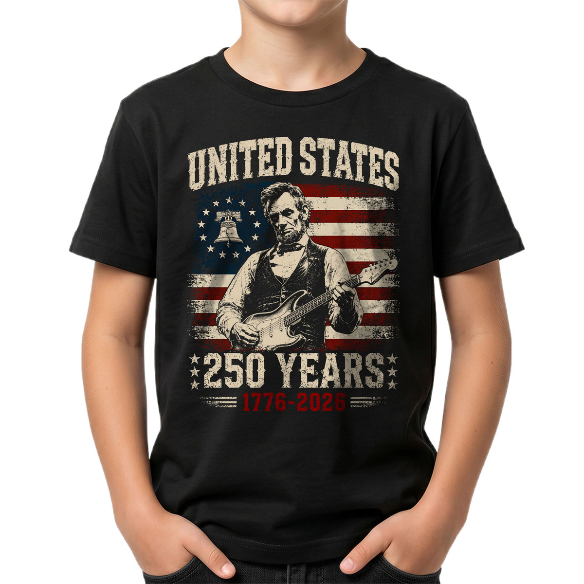 T-Shirt Kid Patriotic 1776-2026 America 250 Years Abraham Lincoln Guitar Children Shirt - Rust Field Wear