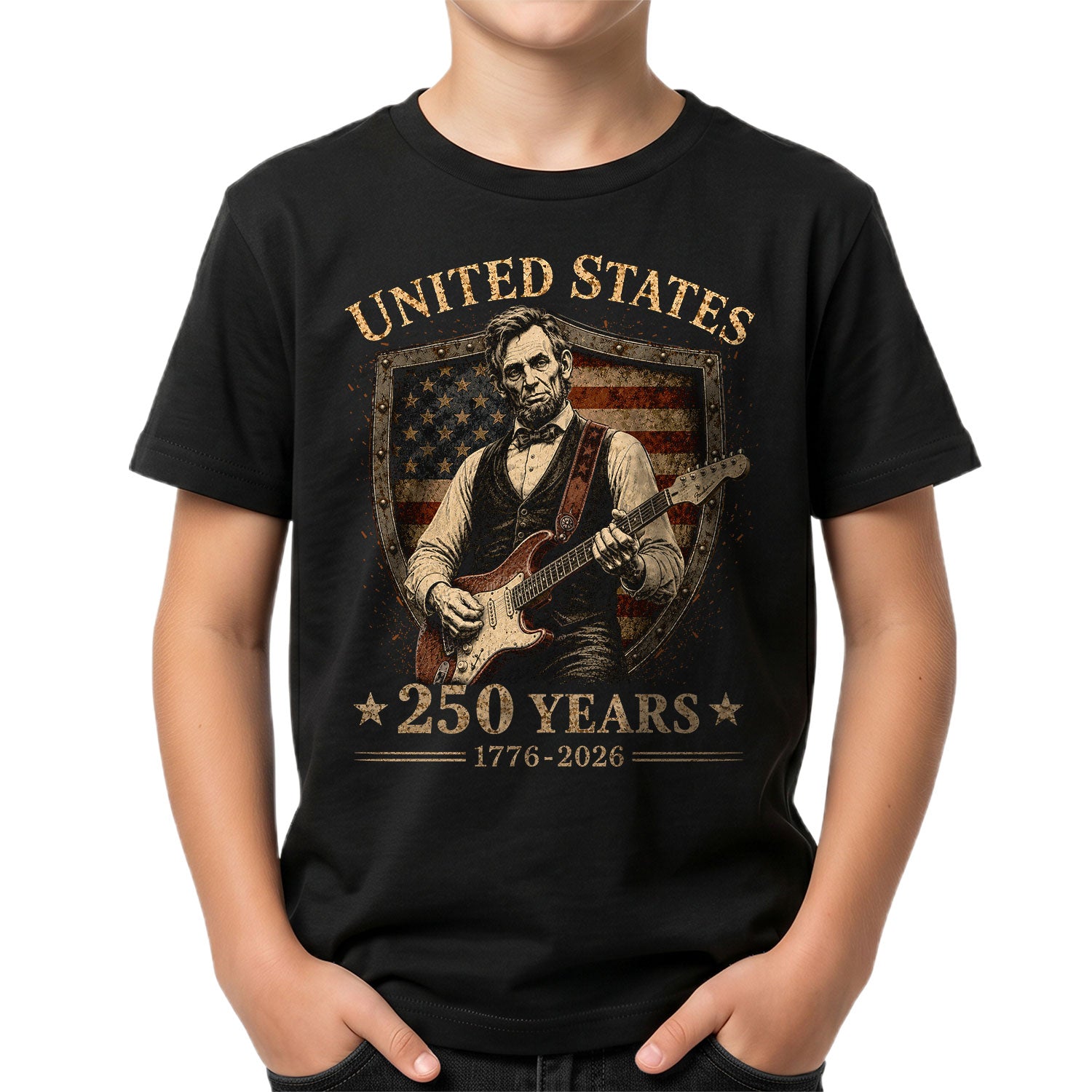 T-Shirt Kid Shield Abraham Lincoln Guitar 1776-2026 America 250 Years Patriotic Tee