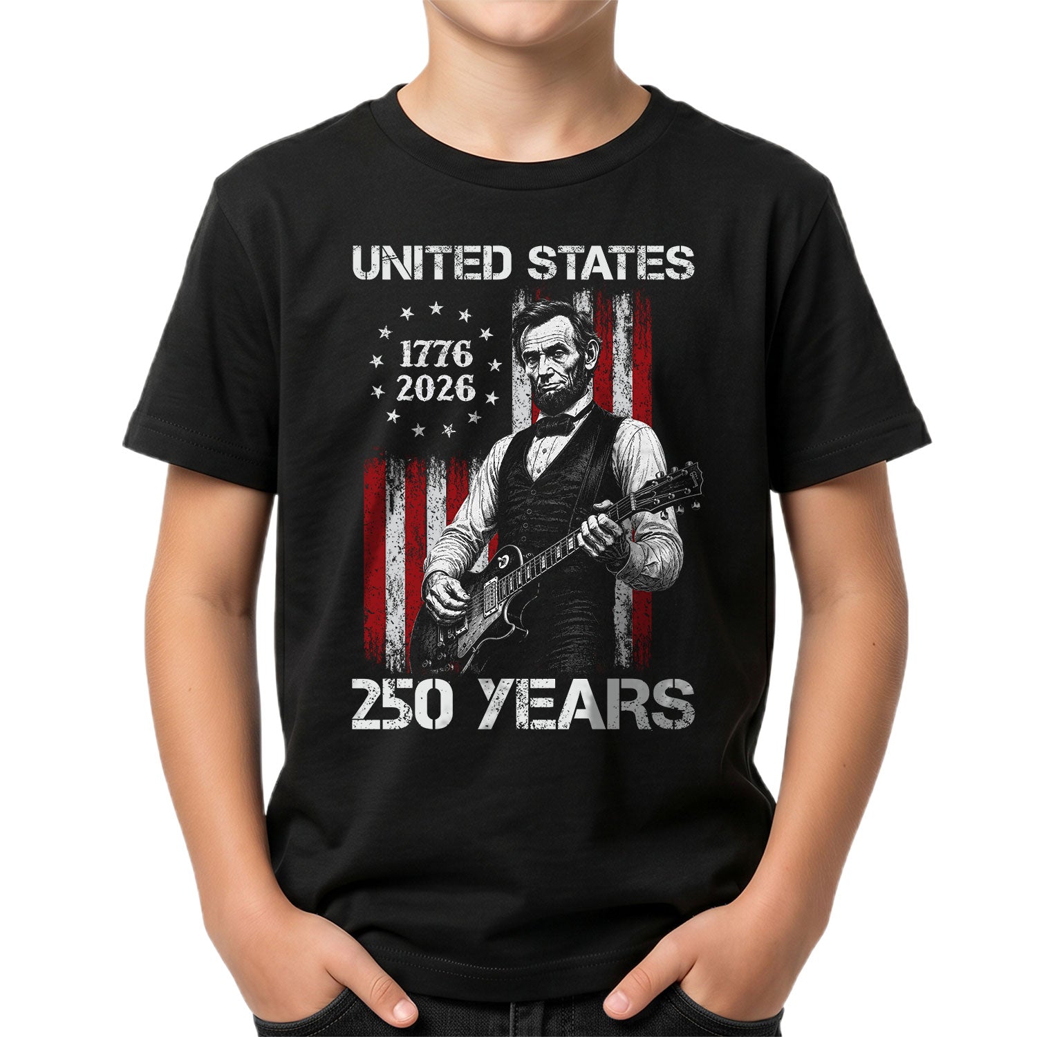 T-Shirt Kid Stars 1776-2026 America 250 Years Abraham Lincoln Guitar Boys Girls Tee