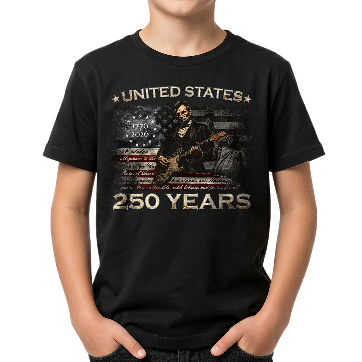Kids America 250 Years T-Shirt 1776–2026 Lincoln Patriotic Guitar Youth Tee - Rust Field Wear
