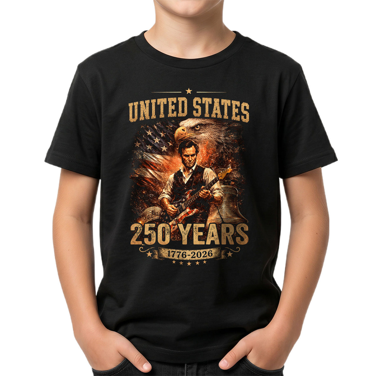 Kids America 250 Years T-Shirt 1776–2026 Lincoln Eagle Patriotic Youth Graphic Tee - Rust Field Wear