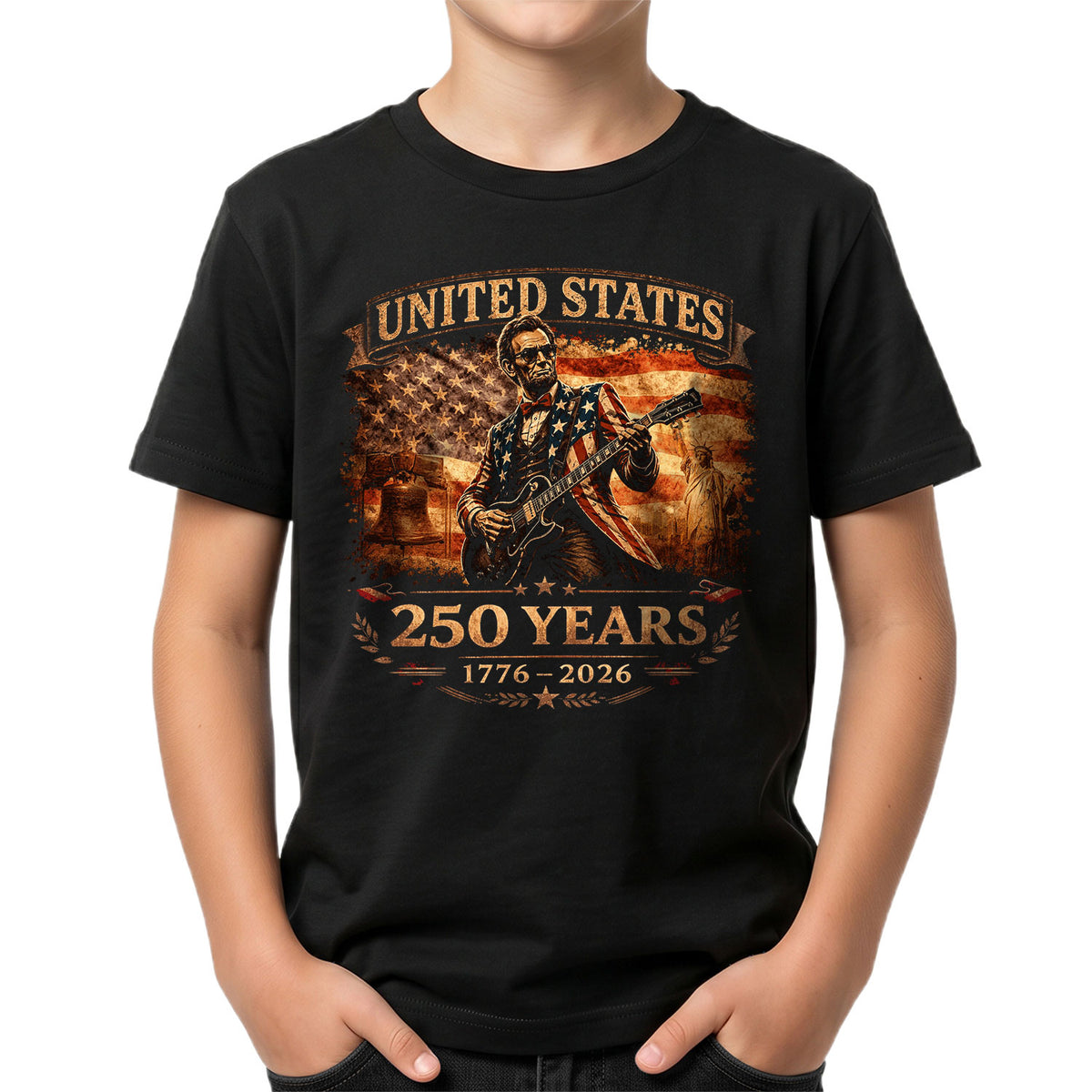 Kids America 250 Years T-Shirt 1776–2026 Lincoln Guitar Patriotic Youth Graphic Tee - Rust Field Wear