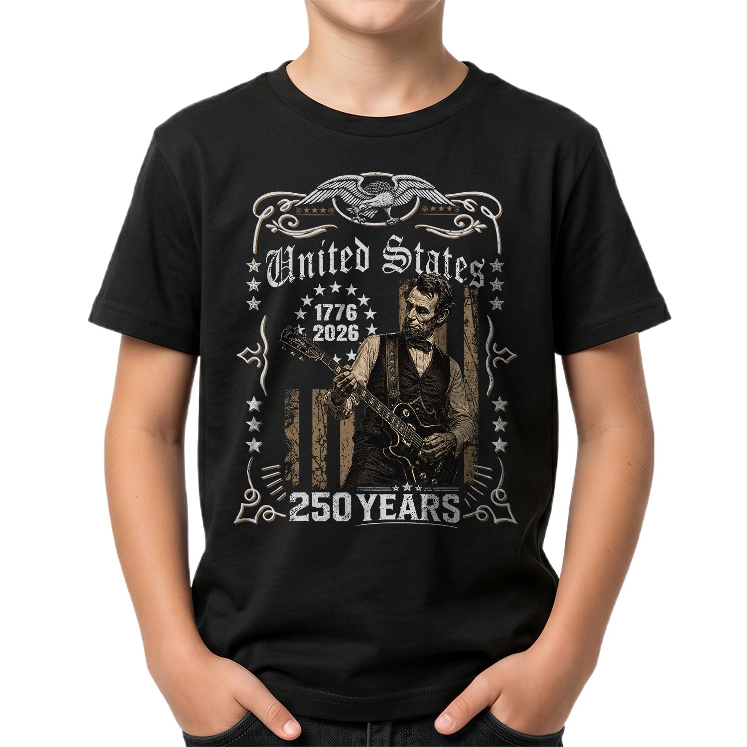 America 250 Years Kids Shirt 1776–2026 Lincoln Music Patriotic Youth Tee