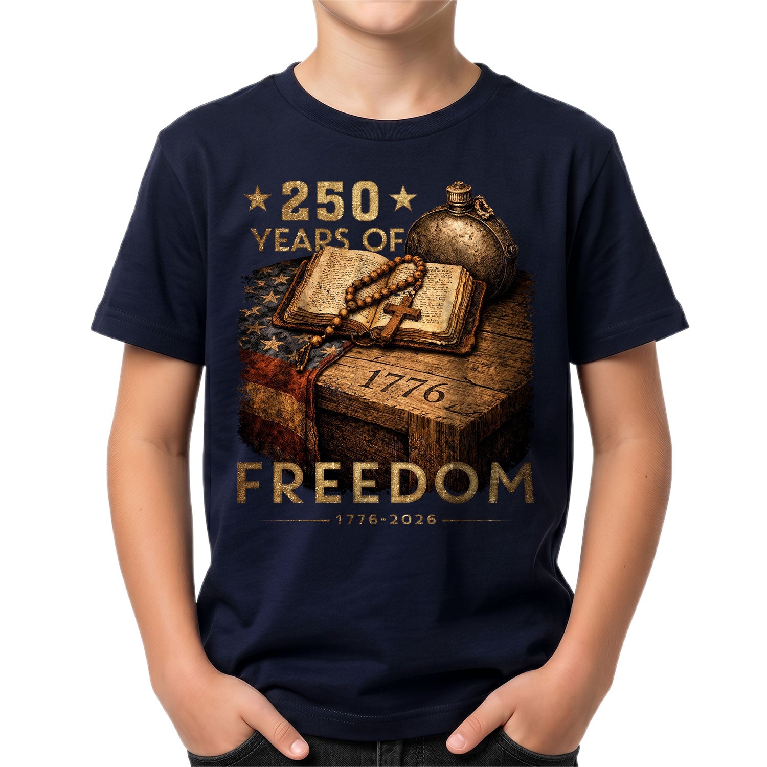 250 Years of Freedom Kids Tee 1776–2026 Faith and Patriotism Graphic Shirt