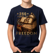 250 Years of Freedom Kids Tee 1776–2026 Faith and Patriotism Graphic Shirt