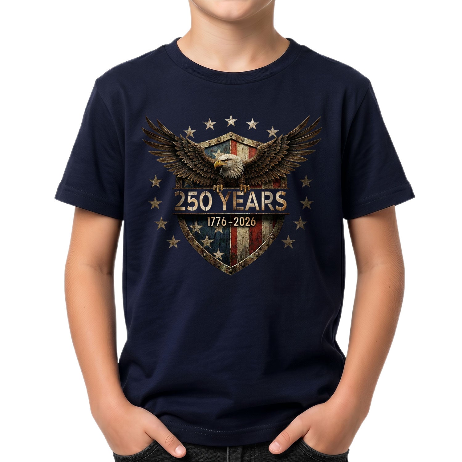 250 Years Kids T-Shirt 1776–2026 Patriotic Eagle Shield American Youth Tee