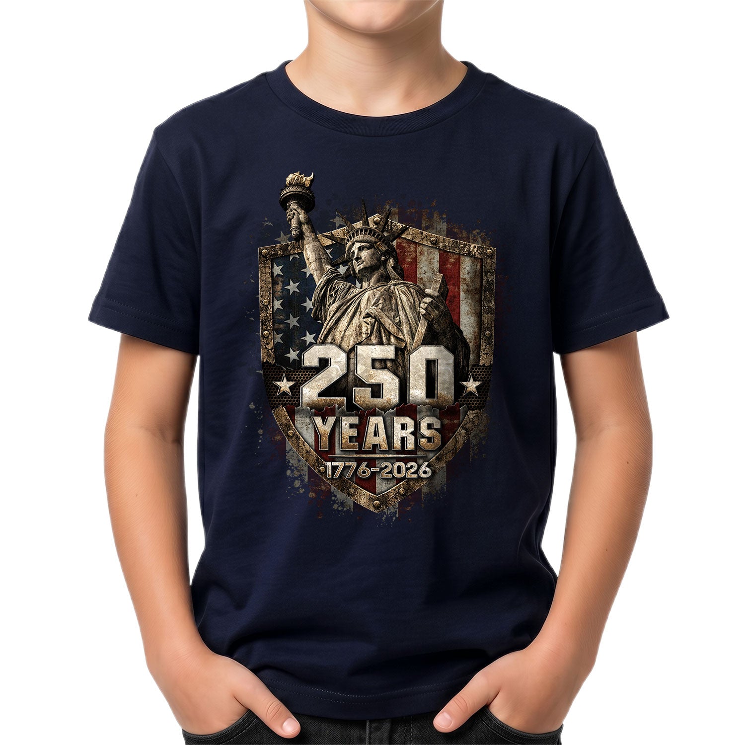 250 Years Kids T-Shirt Statue of Liberty Patriotic American Flag 1776-2026 Youth Tee