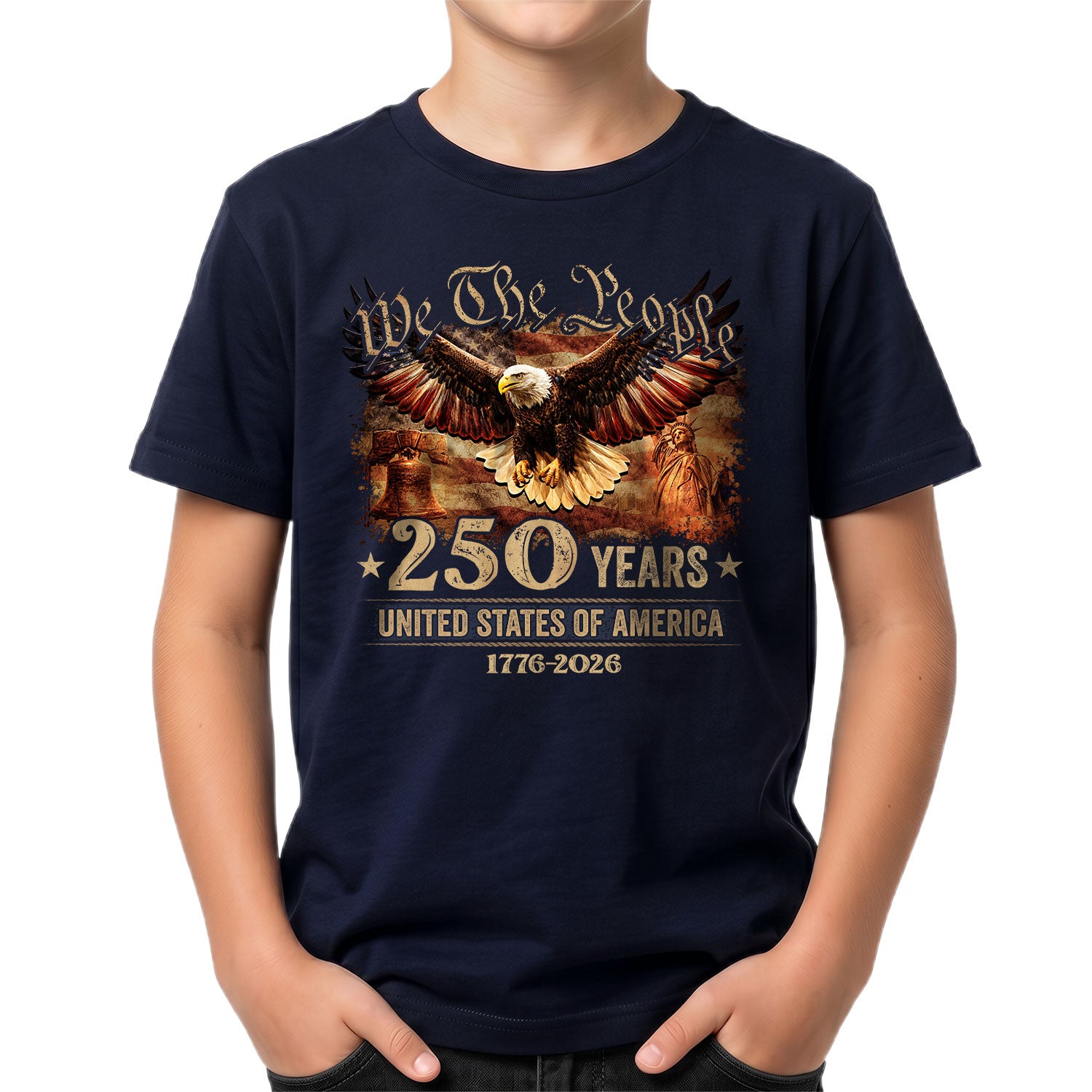 250 Years Kids T-Shirt We The People Patriotic Eagle Statue of Liberty 1776-2026 Youth