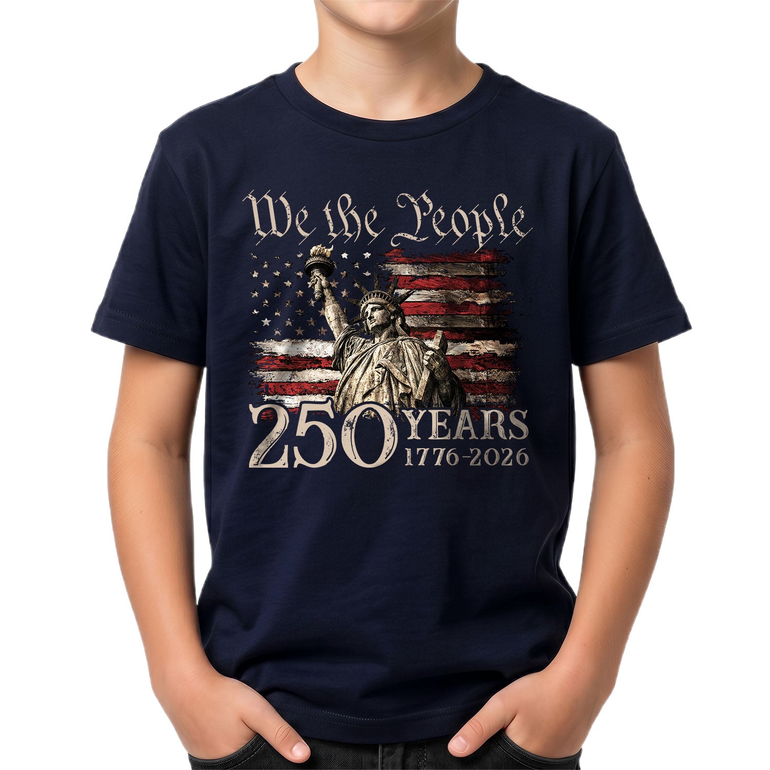 Kids 250 Years T-Shirt Statue of Liberty We The People Patriotic American Flag Tee
