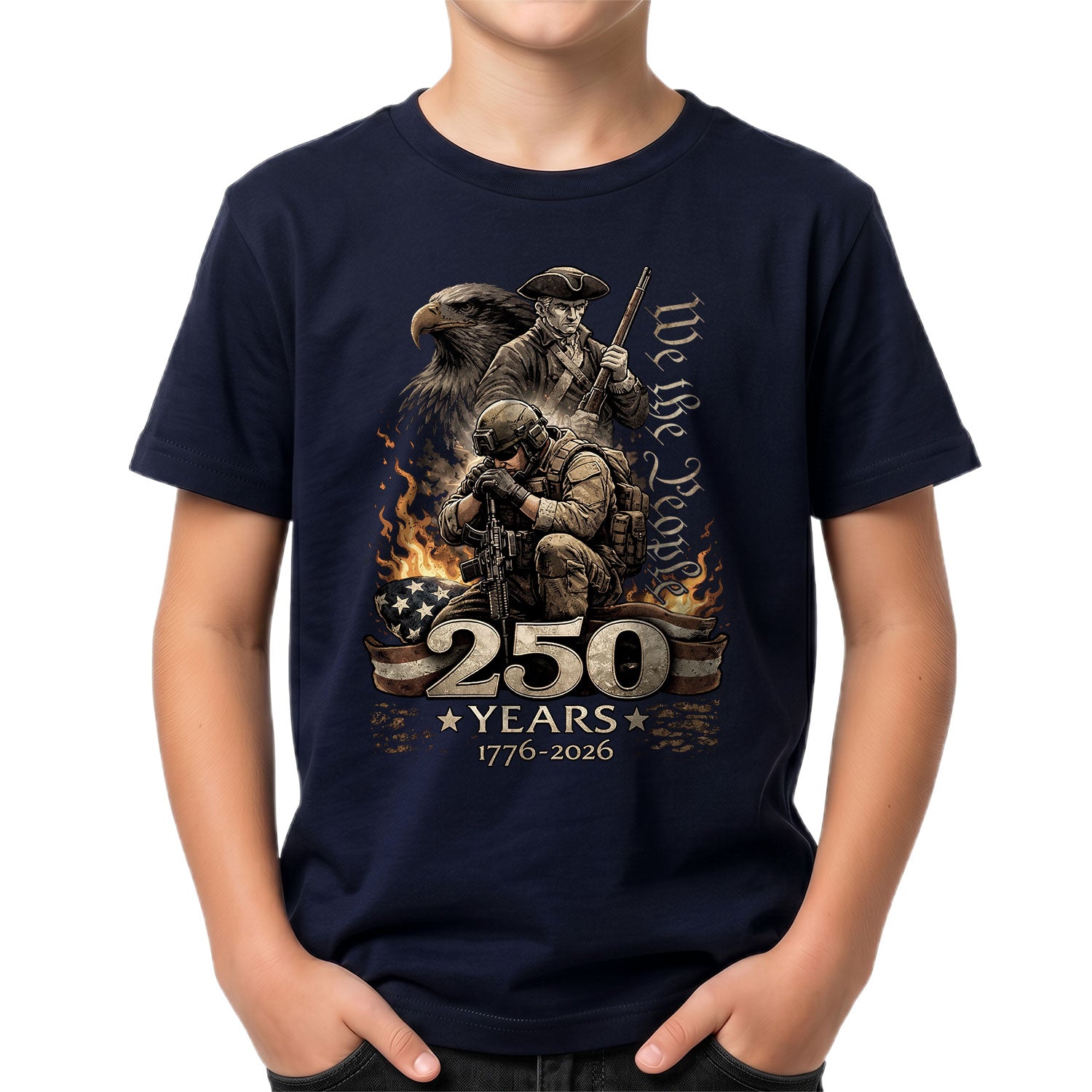 We The People 250 Years Kids T-Shirt Patriotic Military Soldier 1776-2026 Youth Tee