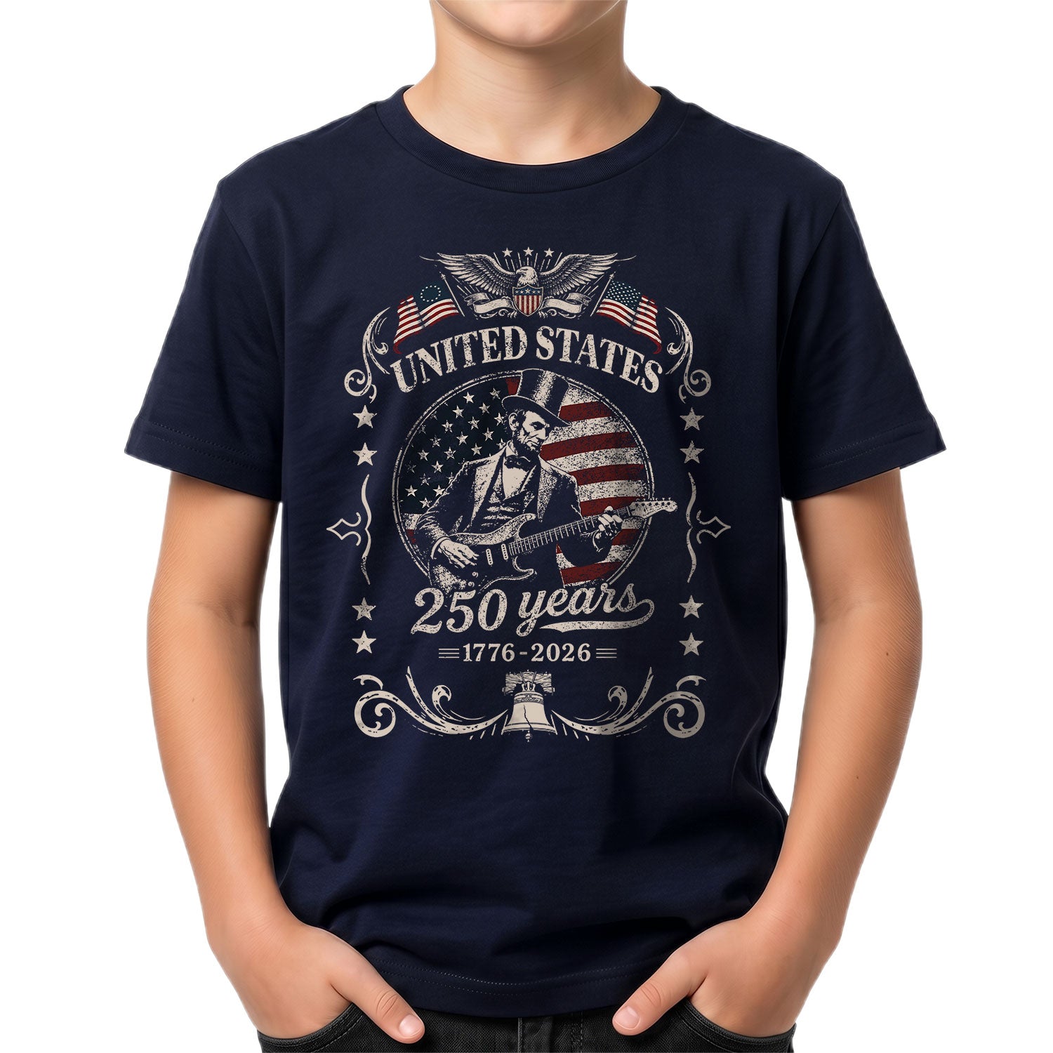T-Shirt Kid America 250 Years 1776-2026 Patriotic Abraham Lincoln Guitar Kids Tee