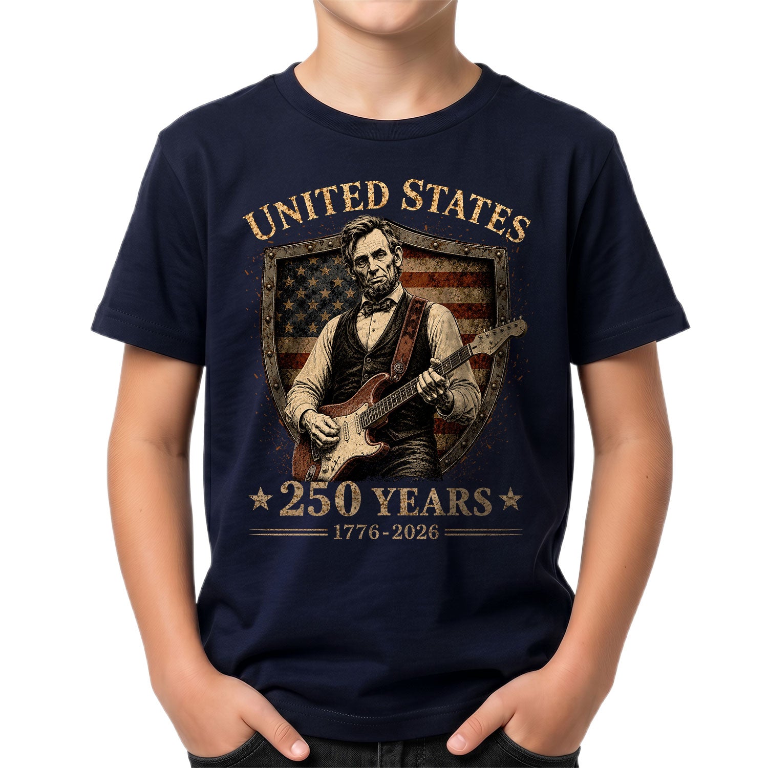 T-Shirt Kid Shield Abraham Lincoln Guitar 1776-2026 America 250 Years Patriotic Tee