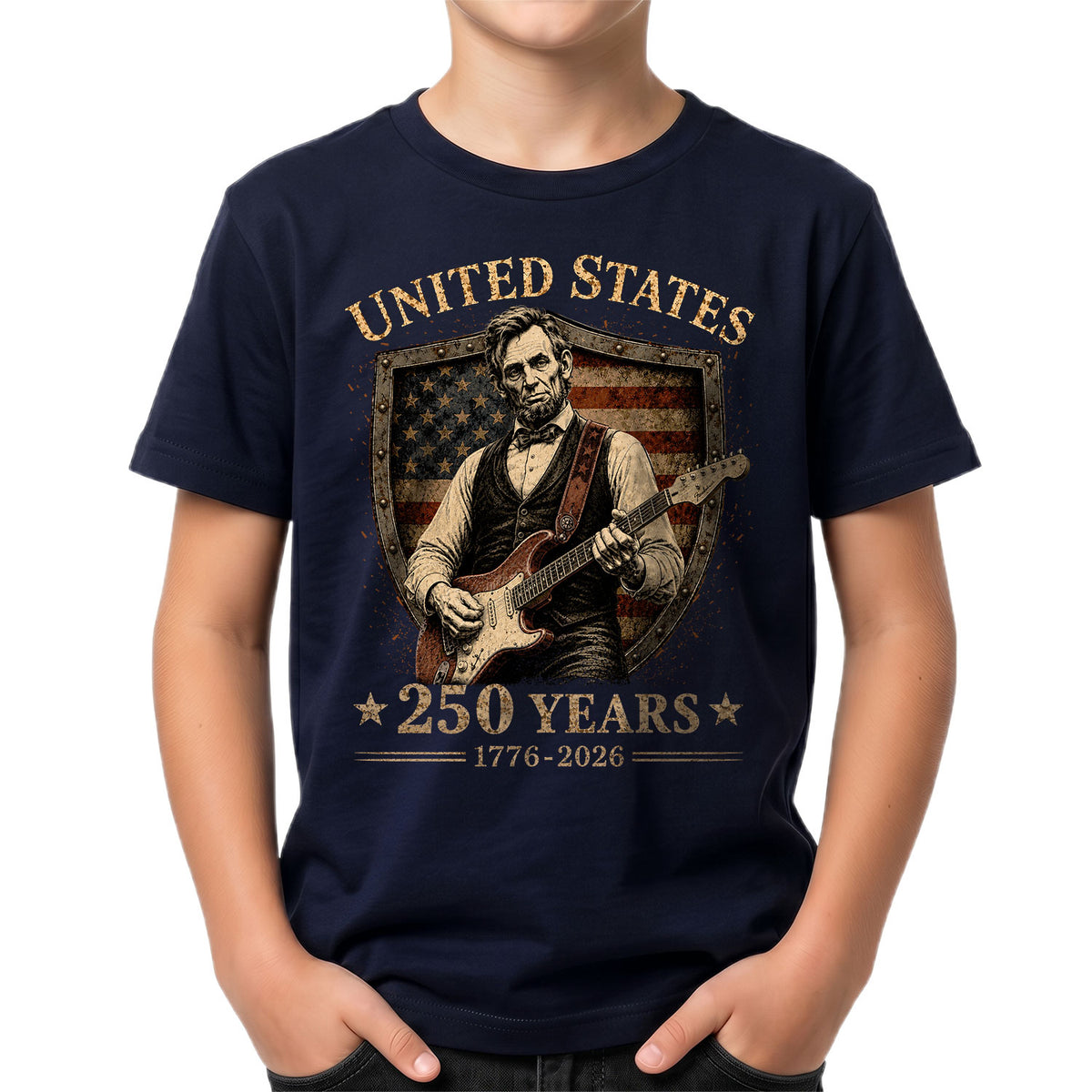 T-Shirt Kid Shield Abraham Lincoln Guitar 1776-2026 America 250 Years Patriotic Tee - Rust Field Wear