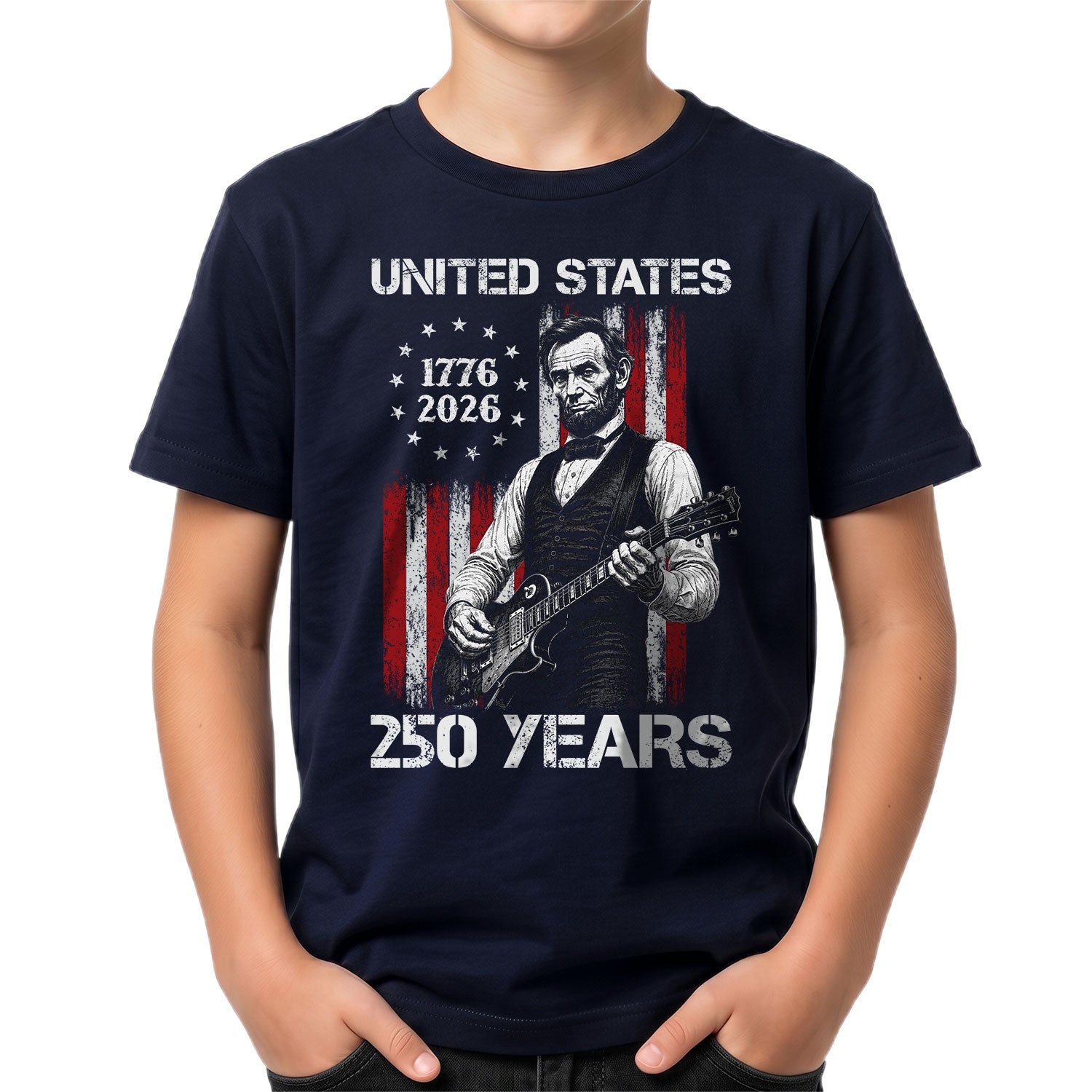 T-Shirt Kid Stars 1776-2026 America 250 Years Abraham Lincoln Guitar Boys Girls Tee