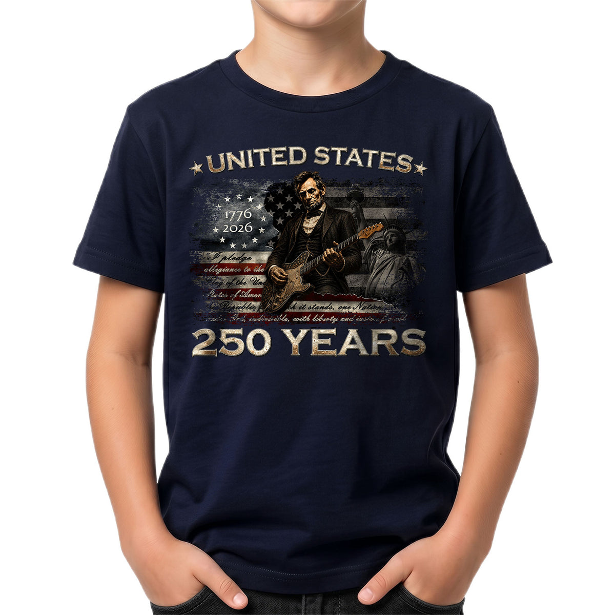 Kids America 250 Years T-Shirt 1776–2026 Lincoln Patriotic Guitar Youth Tee - Rust Field Wear