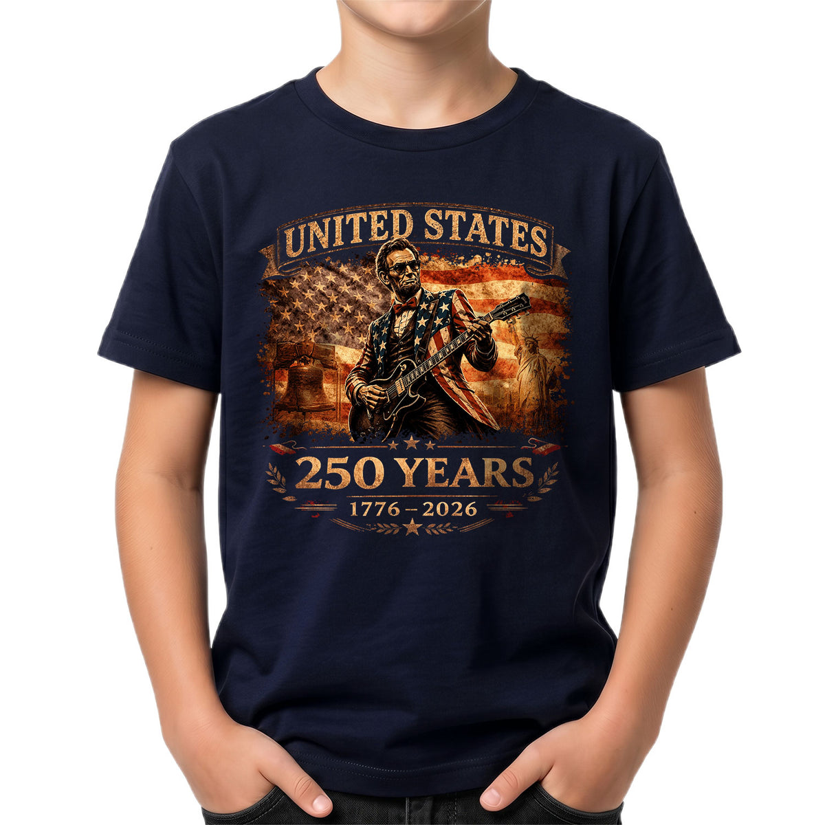 Kids America 250 Years T-Shirt 1776–2026 Lincoln Guitar Patriotic Youth Graphic Tee - Rust Field Wear