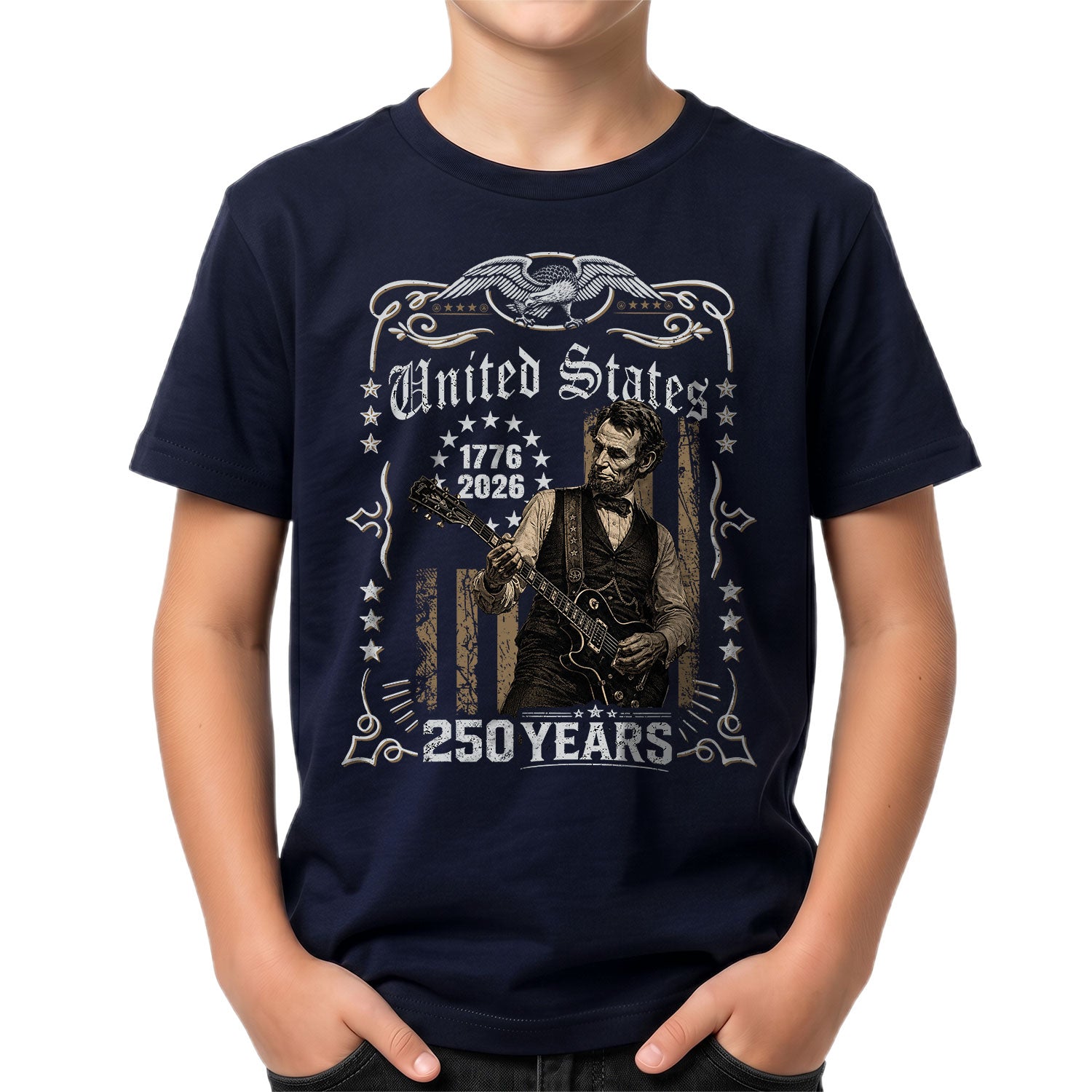America 250 Years Kids Shirt 1776–2026 Lincoln Music Patriotic Youth Tee
