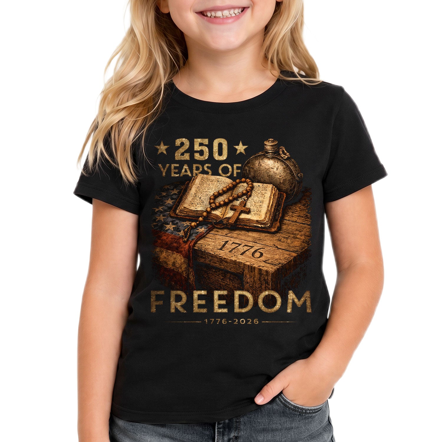 250 Years of Freedom Kids Tee 1776–2026 Faith and Patriotism Graphic Shirt