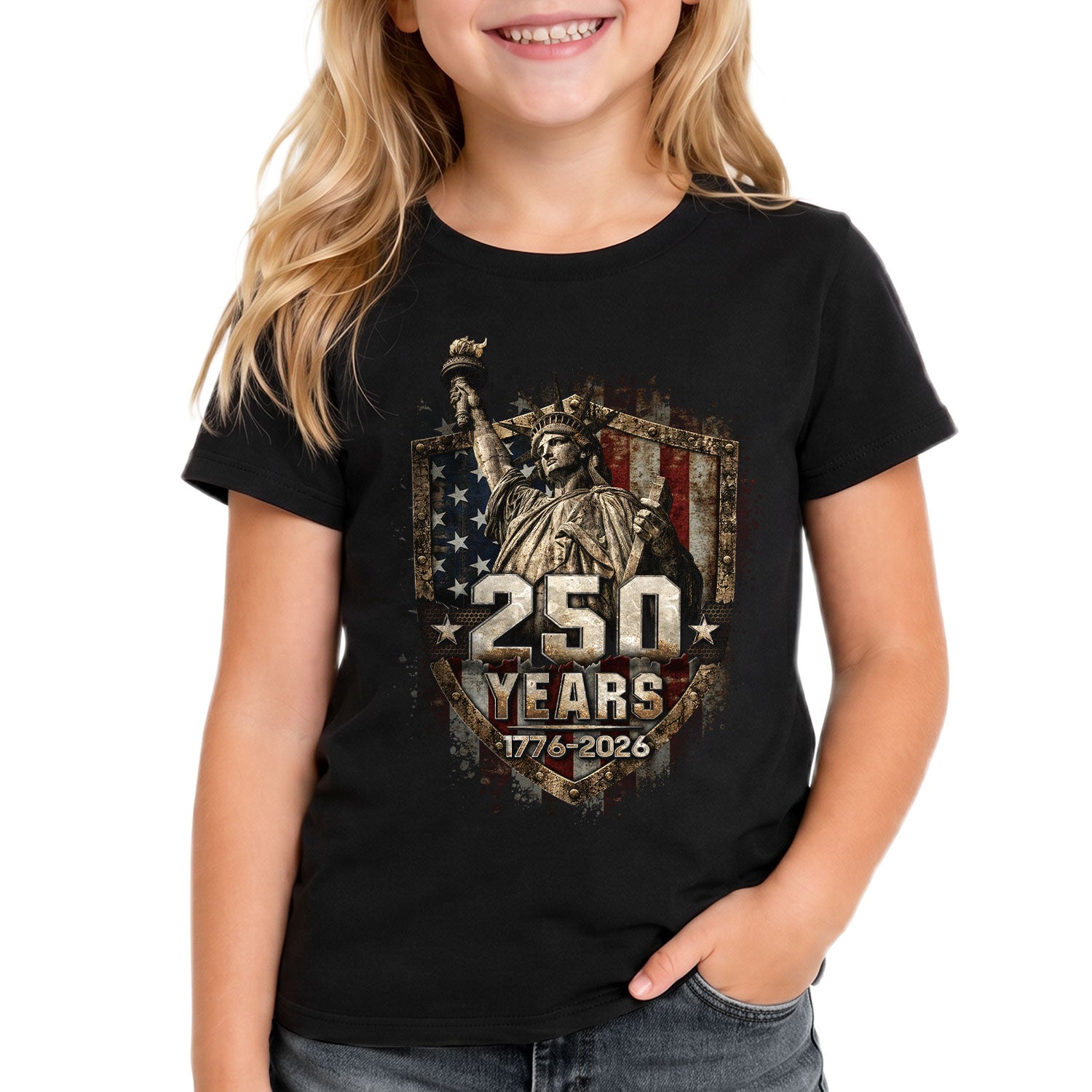 250 Years Kids T-Shirt Statue of Liberty Patriotic American Flag 1776-2026 Youth Tee