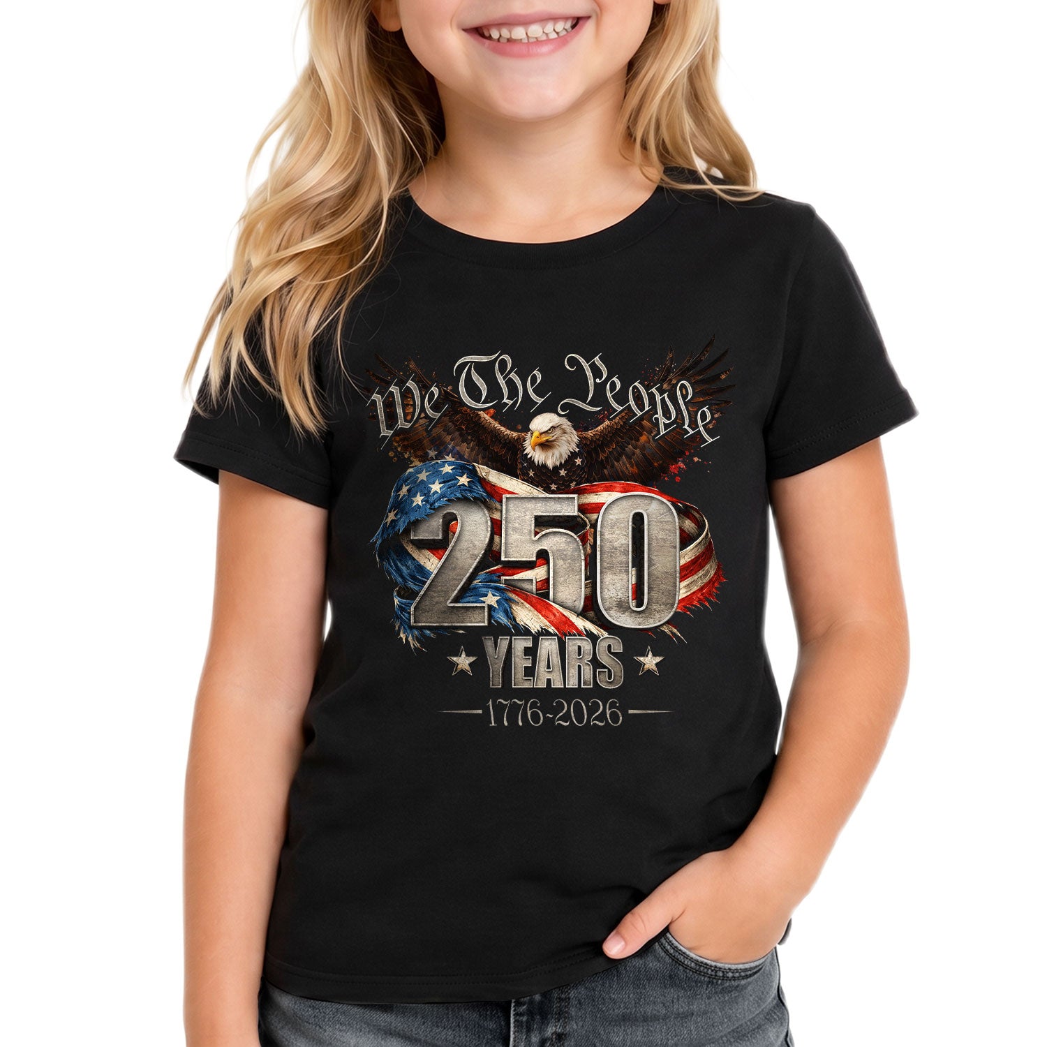 250 Years Kids T-Shirt We The People Patriotic Eagle American Flag 1776-2026 Youth Tee