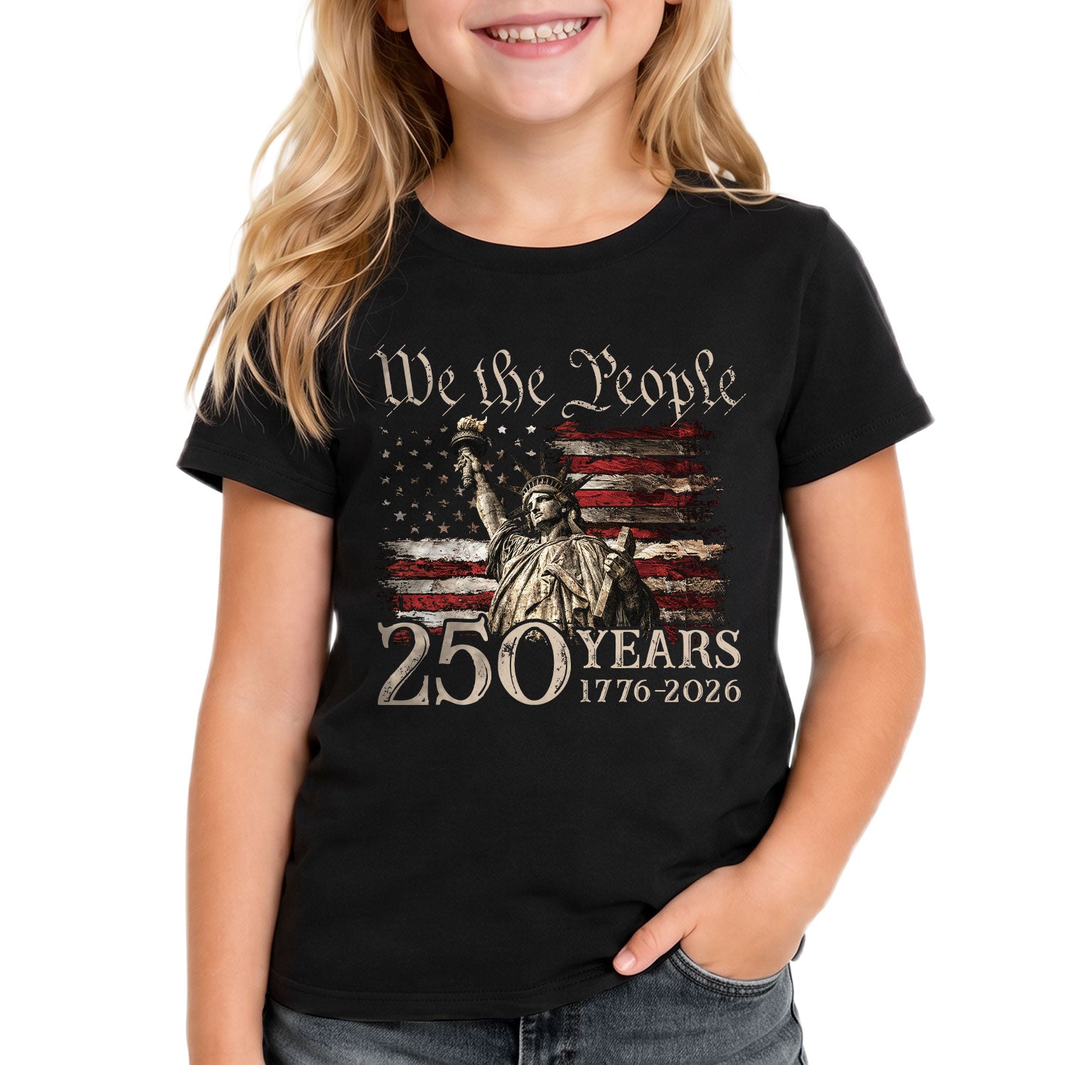 Kids 250 Years T-Shirt Statue of Liberty We The People Patriotic American Flag Tee