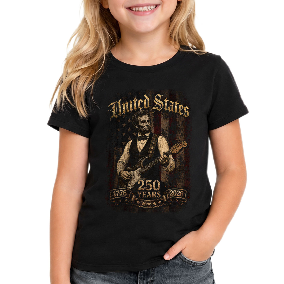 T-Shirt Kid Abraham Lincoln Guitar 1776-2026 Patriotic America 250 Years Youth Top - Rust Field Wear
