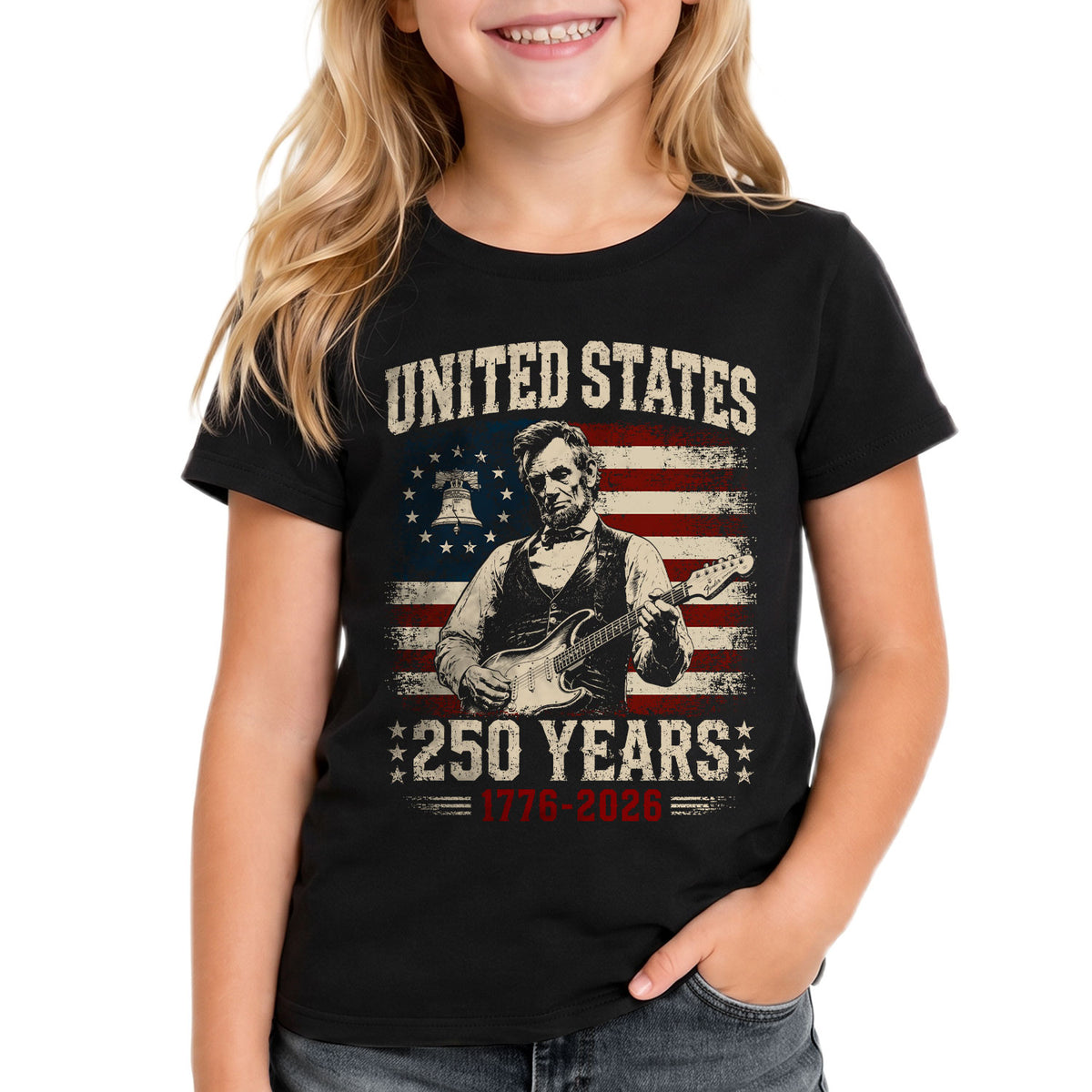 T-Shirt Kid Patriotic 1776-2026 America 250 Years Abraham Lincoln Guitar Children Shirt - Rust Field Wear