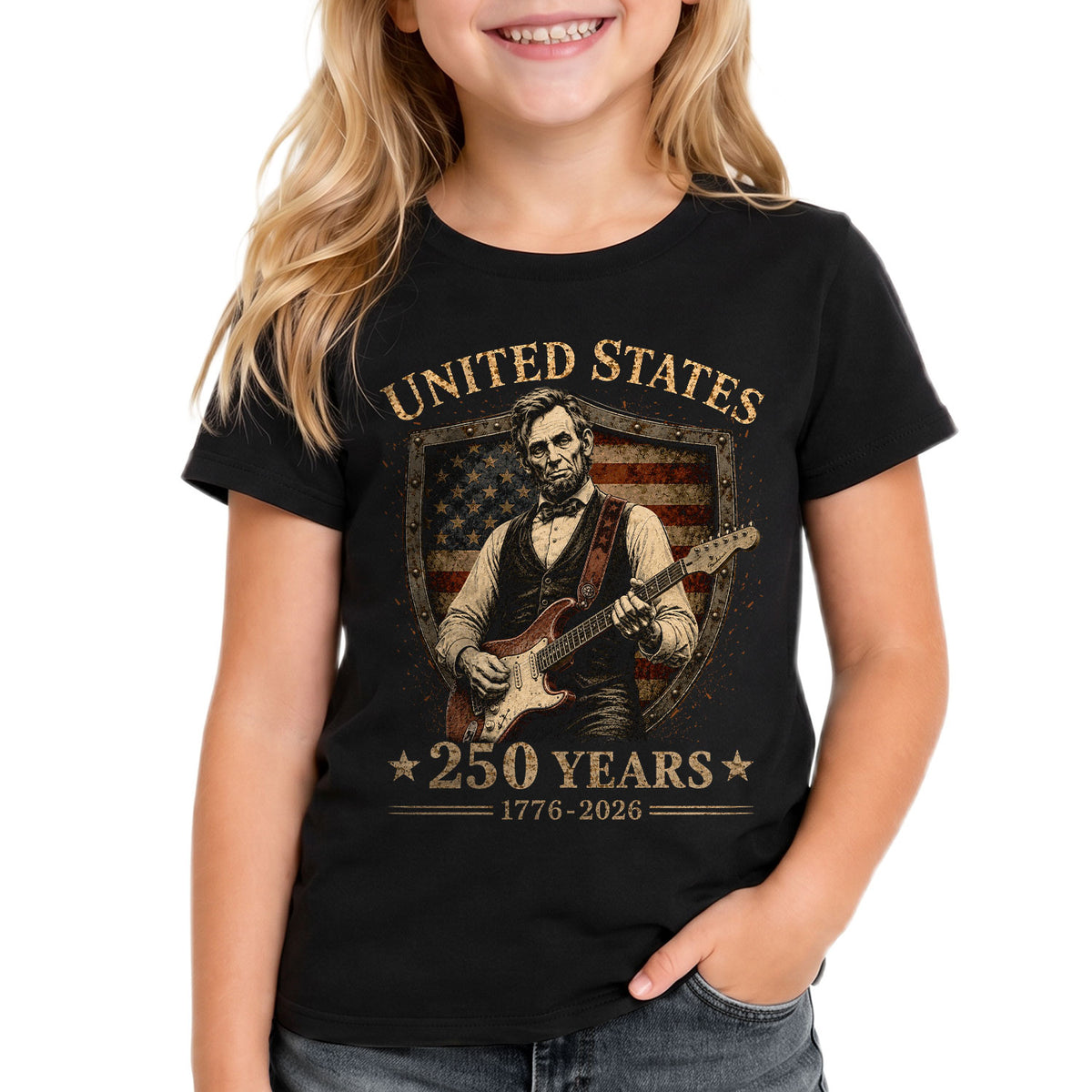 T-Shirt Kid Shield Abraham Lincoln Guitar 1776-2026 America 250 Years Patriotic Tee - Rust Field Wear