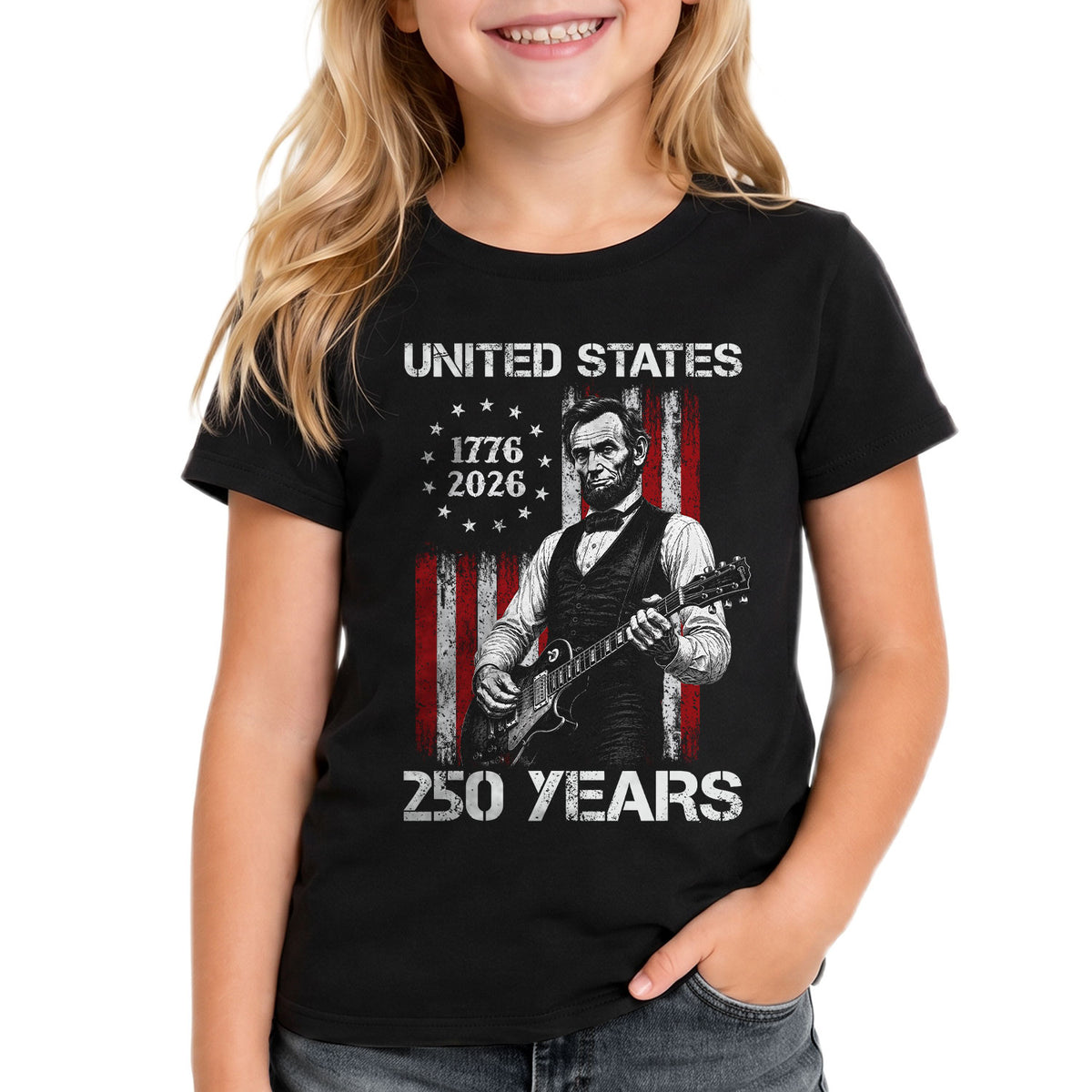 T-Shirt Kid Stars 1776-2026 America 250 Years Abraham Lincoln Guitar Boys Girls Tee - Rust Field Wear