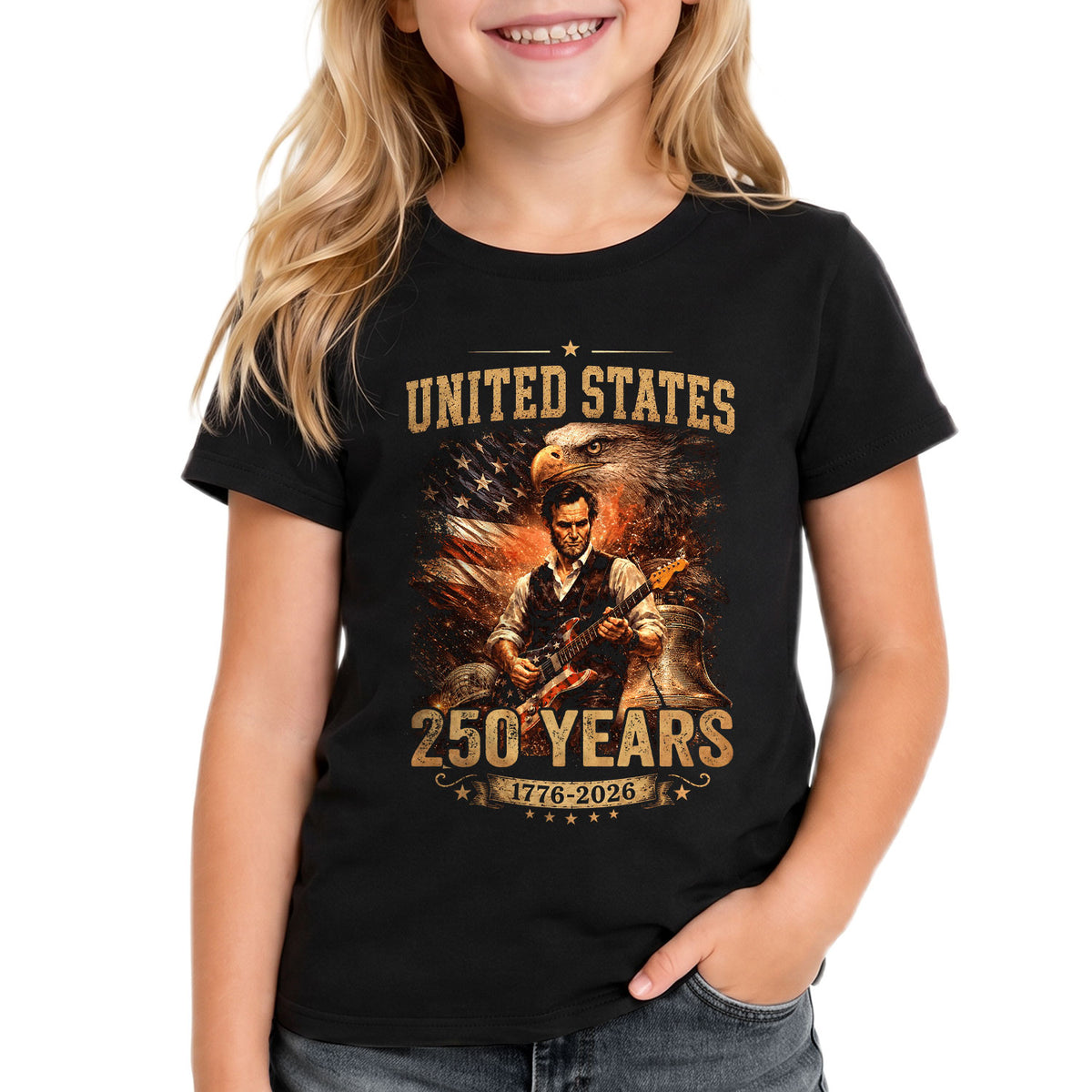 Kids America 250 Years T-Shirt 1776–2026 Lincoln Eagle Patriotic Youth Graphic Tee - Rust Field Wear