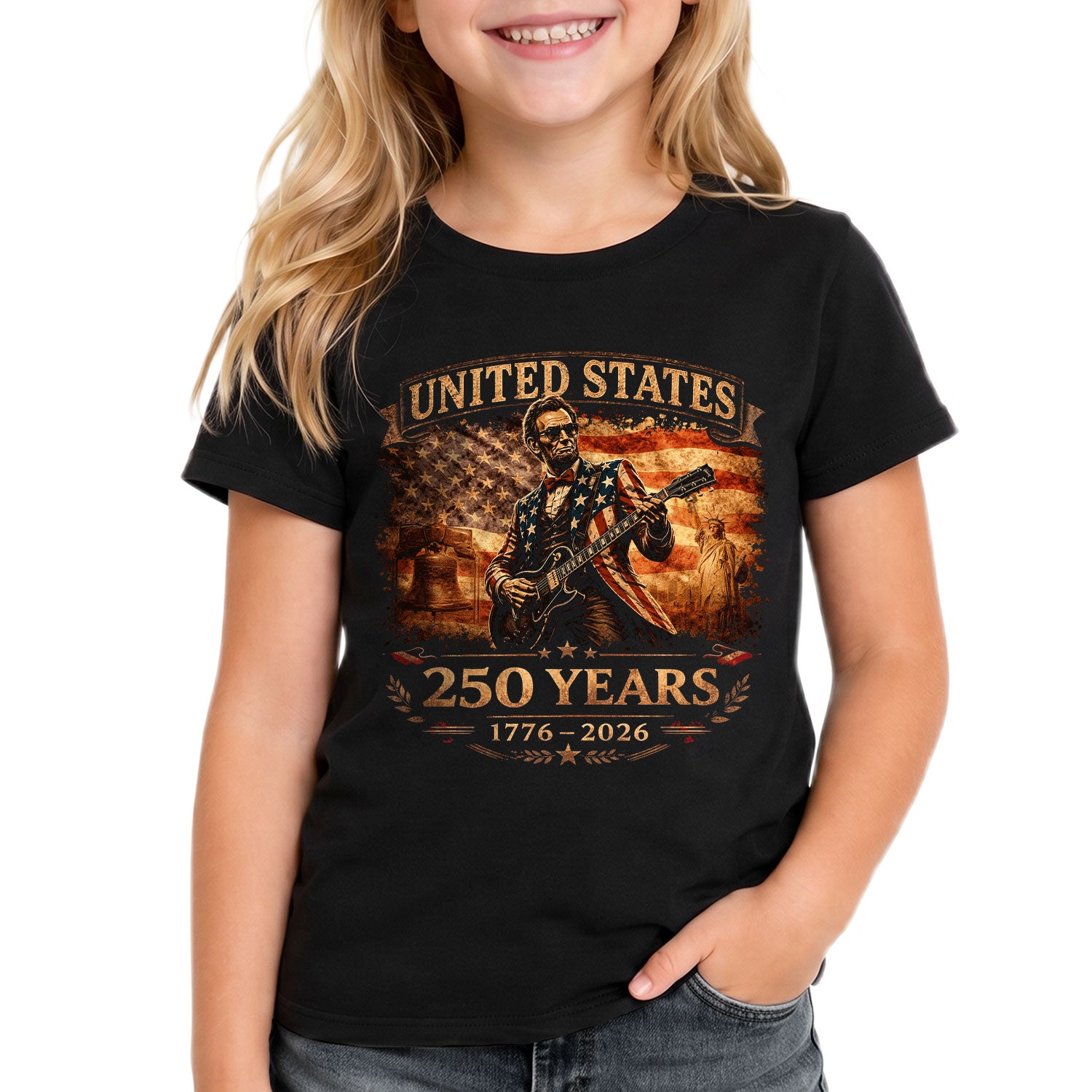 Kids America 250 Years T-Shirt 1776–2026 Lincoln Guitar Patriotic Youth Graphic Tee