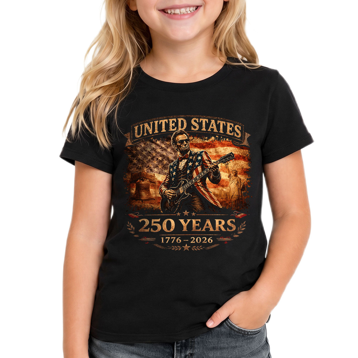 Kids America 250 Years T-Shirt 1776–2026 Lincoln Guitar Patriotic Youth Graphic Tee - Rust Field Wear