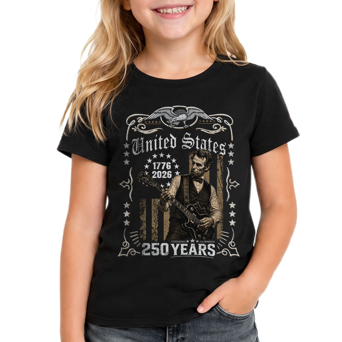 America 250 Years Kids Shirt 1776–2026 Lincoln Music Patriotic Youth Tee - Rust Field Wear