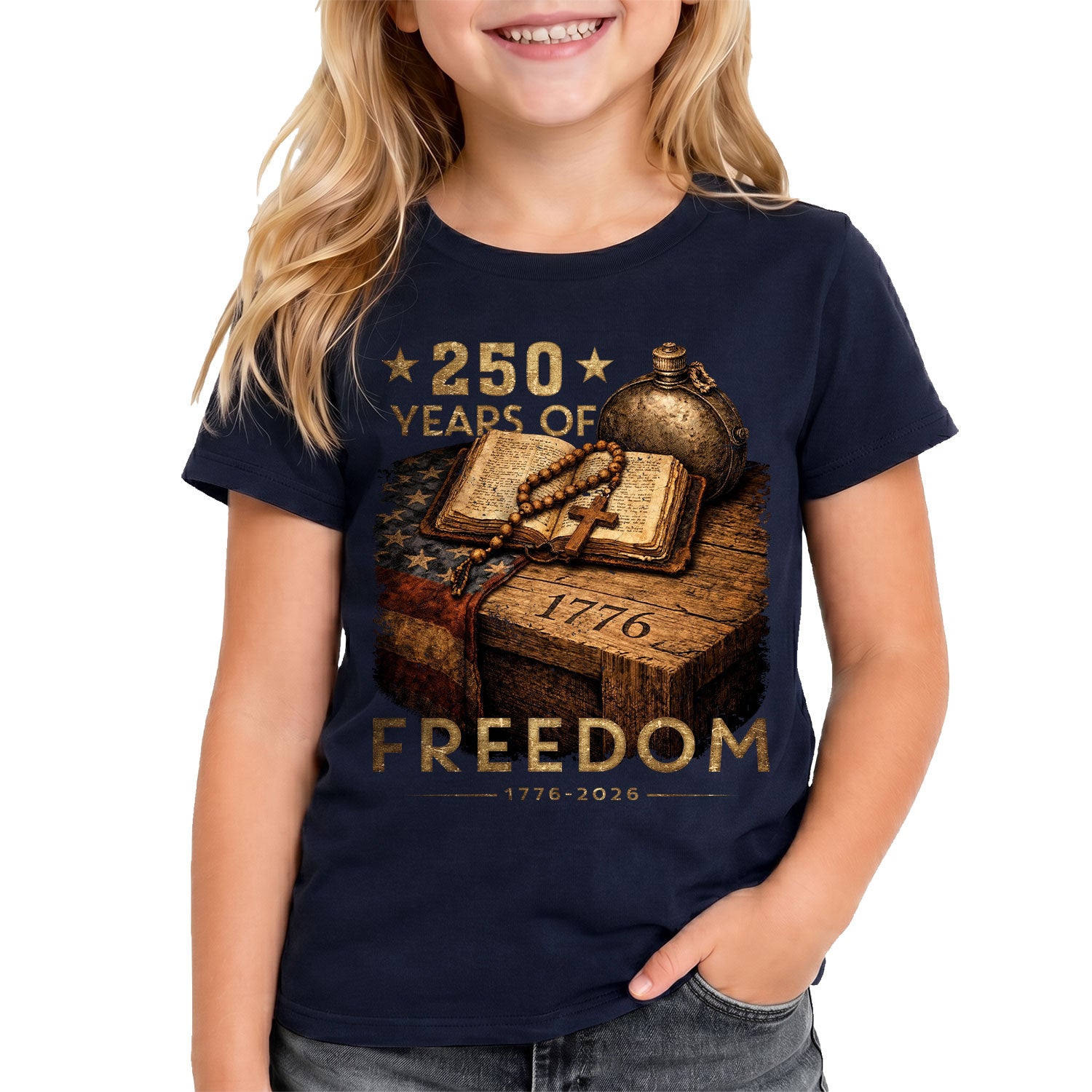 250 Years of Freedom Kids Tee 1776–2026 Faith and Patriotism Graphic Shirt
