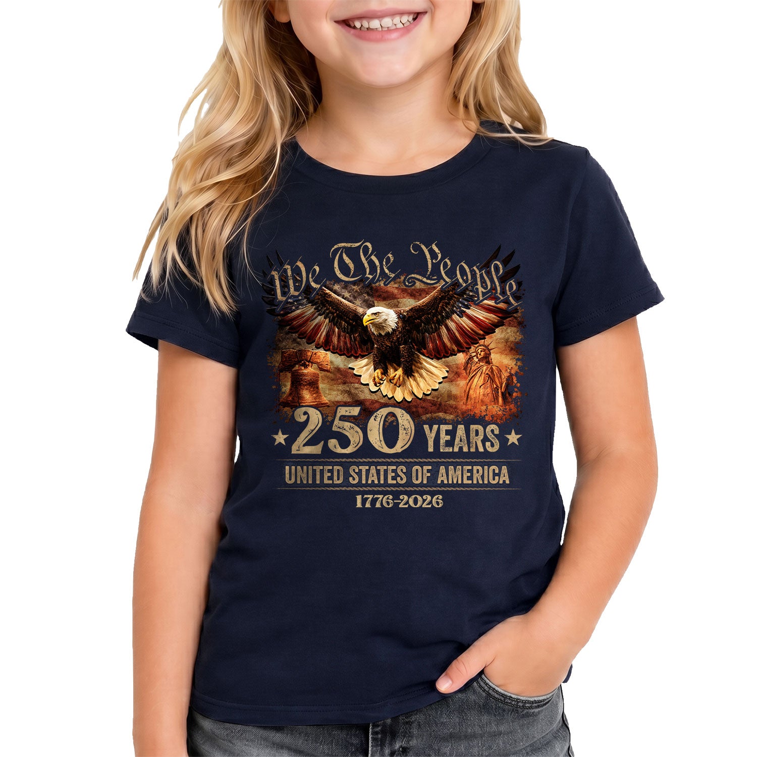 250 Years Kids T-Shirt We The People Patriotic Eagle Statue of Liberty 1776-2026 Youth